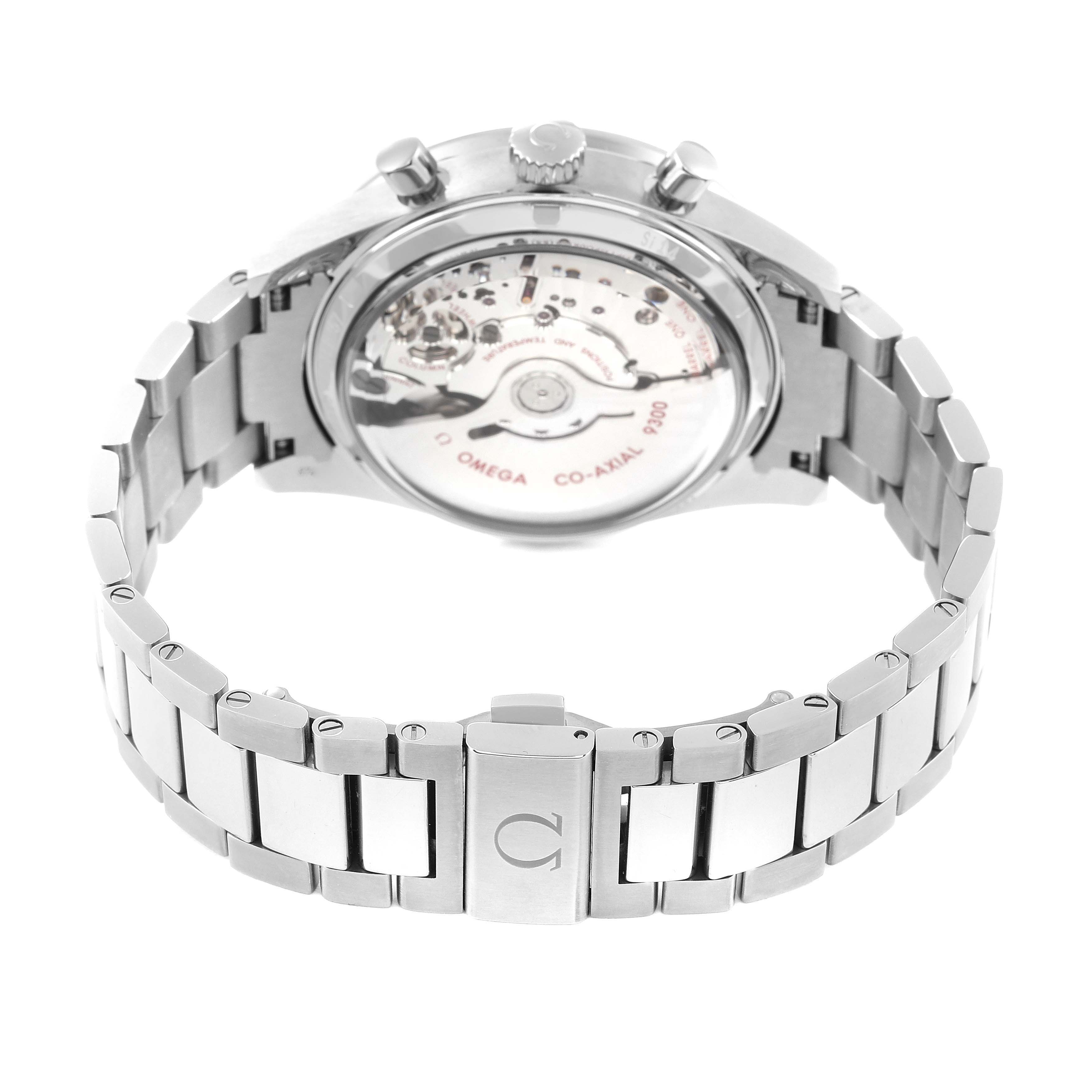 The image shows the back view of the Omega Speedmaster 331.90.42.51.04.001 Men's Stainless Steel White Dial 331.90.42.51.04.001 Men's Stainless Steel White Dial watch, highlighting its movement and stainless steel bracelet.