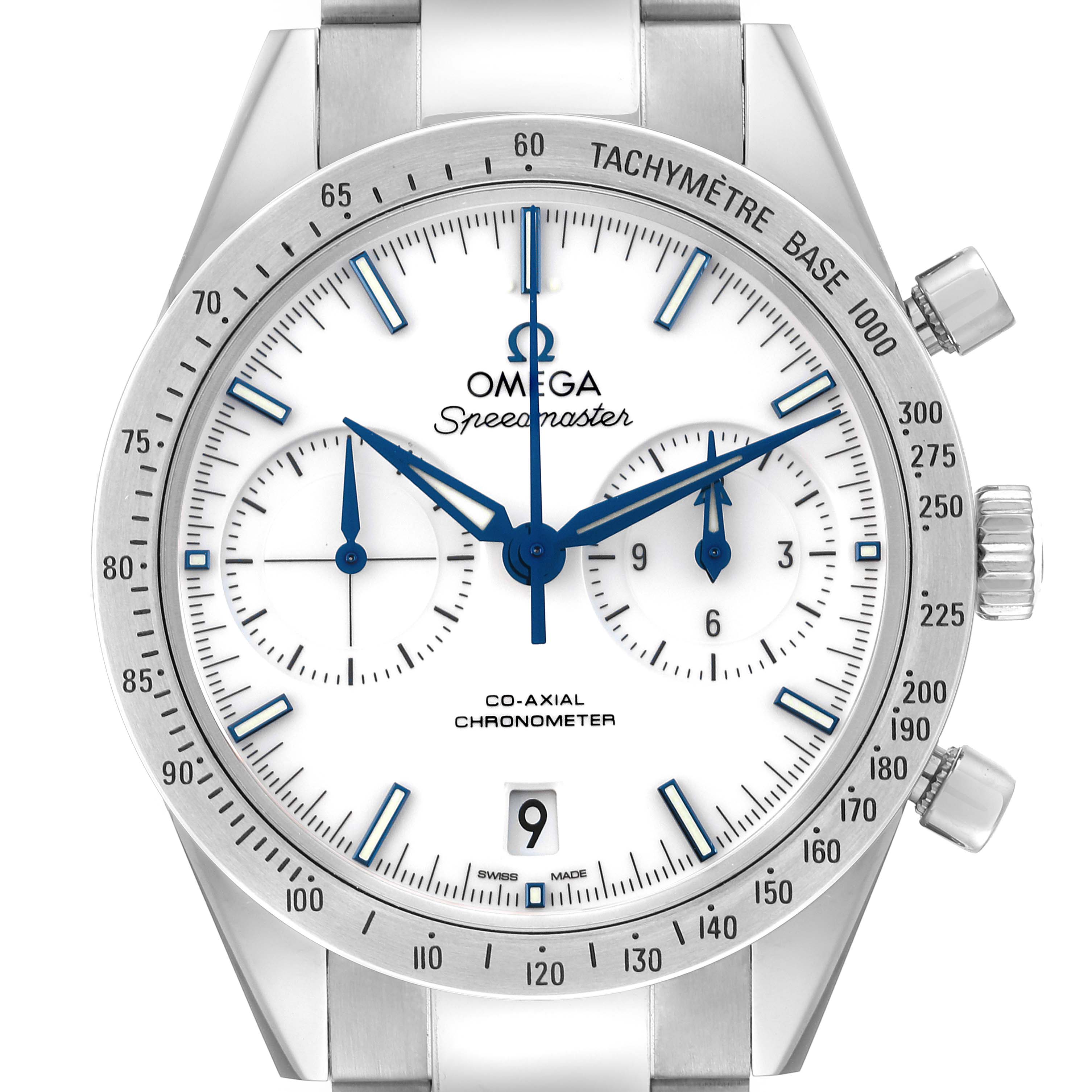 This image shows a front view of the Omega Speedmaster 331.90.42.51.04.001 Men's Stainless Steel White Dial 331.90.42.51.04.001 Men's Stainless Steel White Dial watch, displaying its dial, tachymeter, sub-dials, and date window.