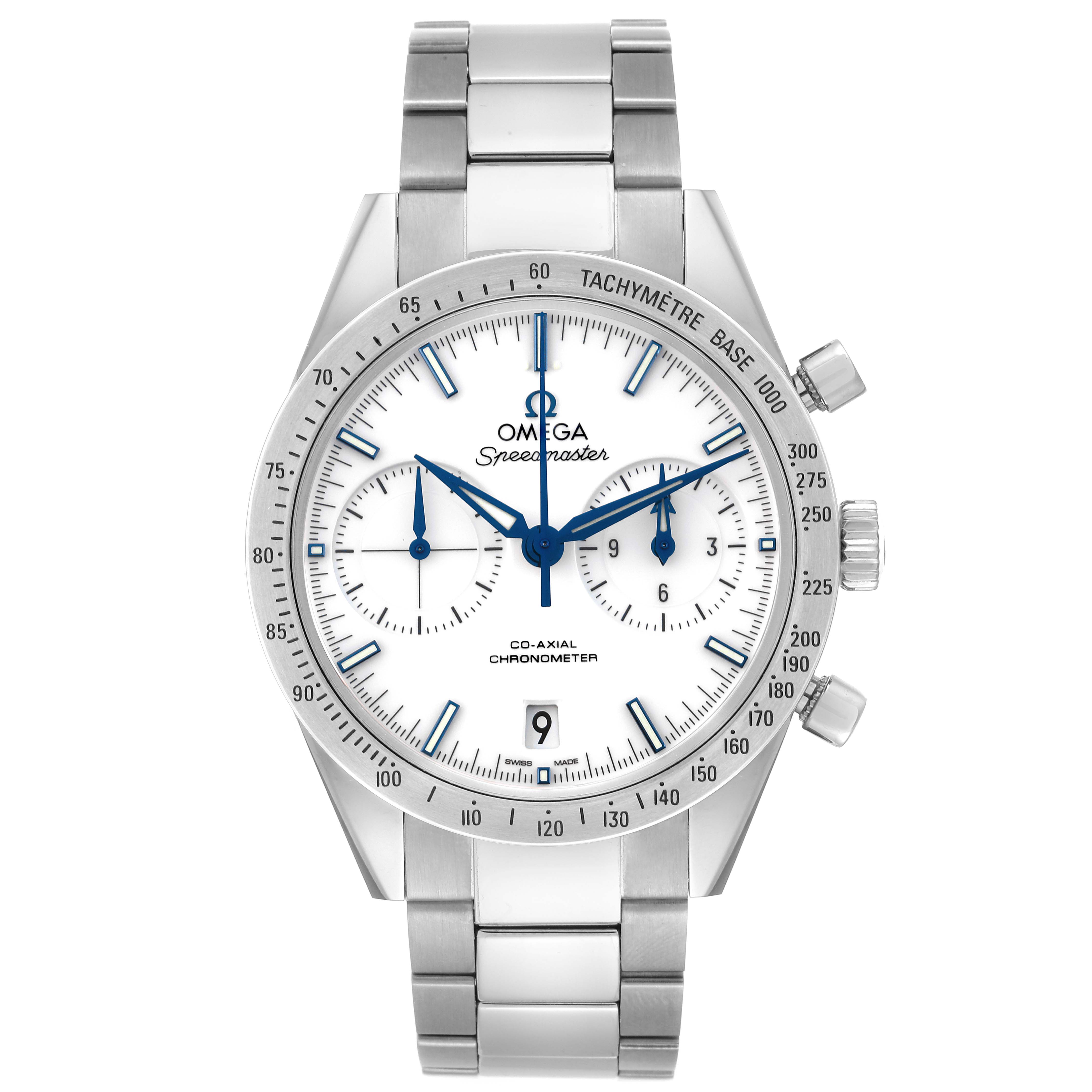 The Omega Speedmaster 331.90.42.51.04.001 Men's Stainless Steel White Dial 331.90.42.51.04.001 Men's Stainless Steel White Dial watch is shown from a front angle, featuring the dial, crown, pushers, and stainless steel bracelet.