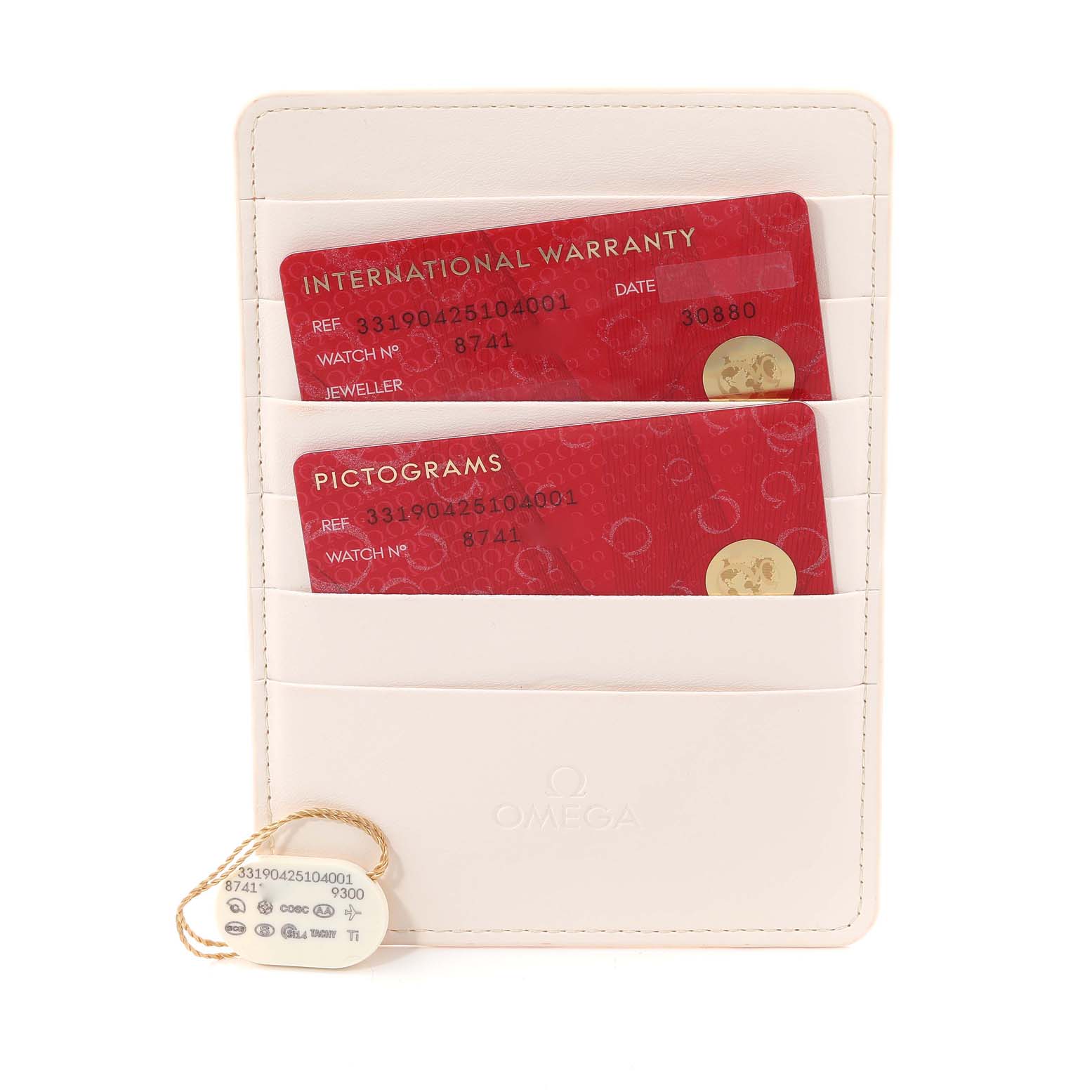 The image shows an Omega Speedmaster 331.90.42.51.04.001 Men's Stainless Steel White Dial 331.90.42.51.04.001 Men's Stainless Steel White Dial's international warranty card and pictogram card in a holder, with a tag attached.