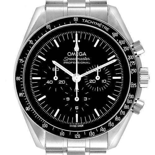 The Omega Speedmaster watch is shown from the front, displaying its dial, tachymeter bezel, and metal bracelet.