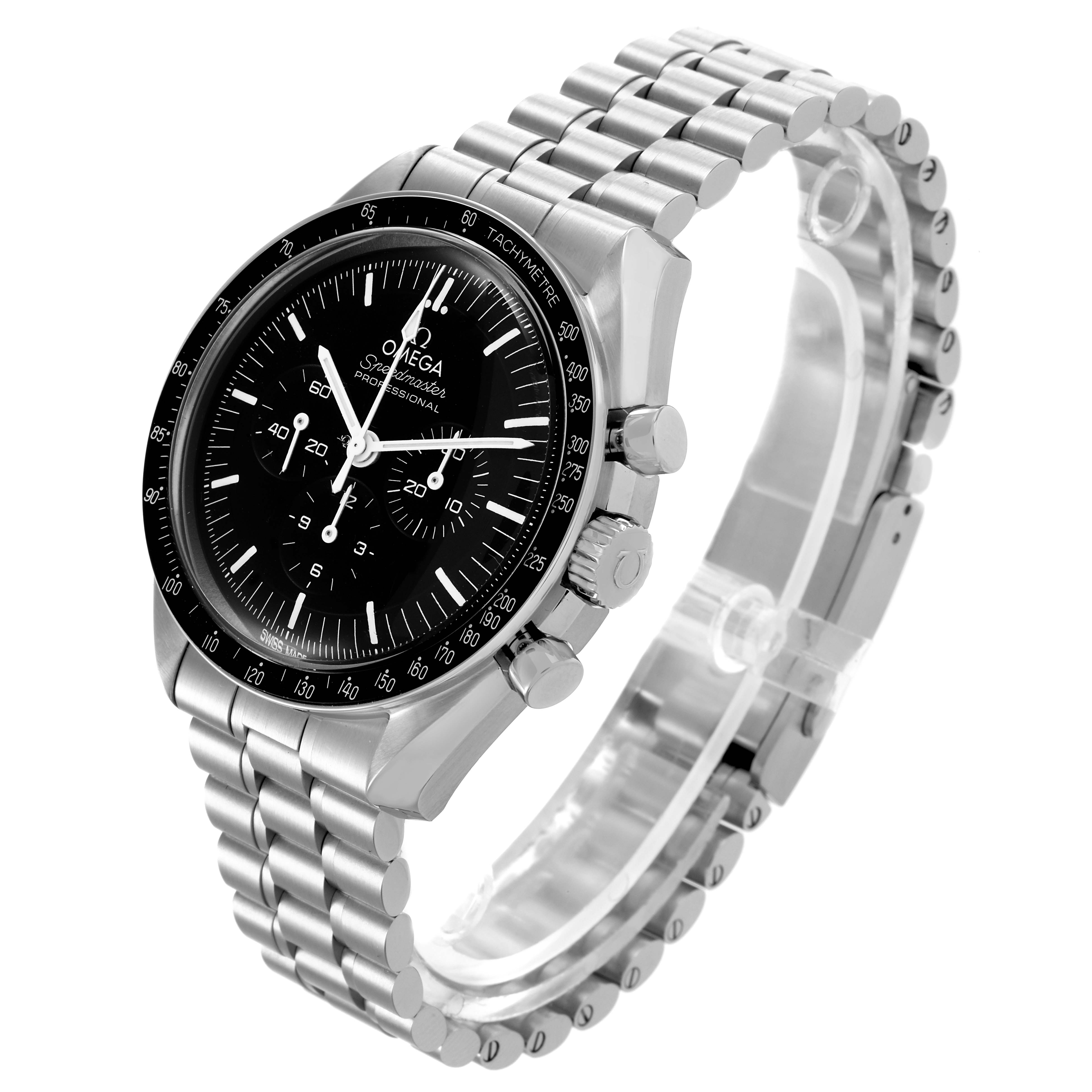 The Omega Speedmaster 310.30.42.50.01.001 Men
s Stainless Steel Black Dial 310.30.42.50.01.001 Men
s Stainless Steel Black Dial watch is shown at a three-quarter angle, displaying the dial, bezel, bracelet, and side pushers.