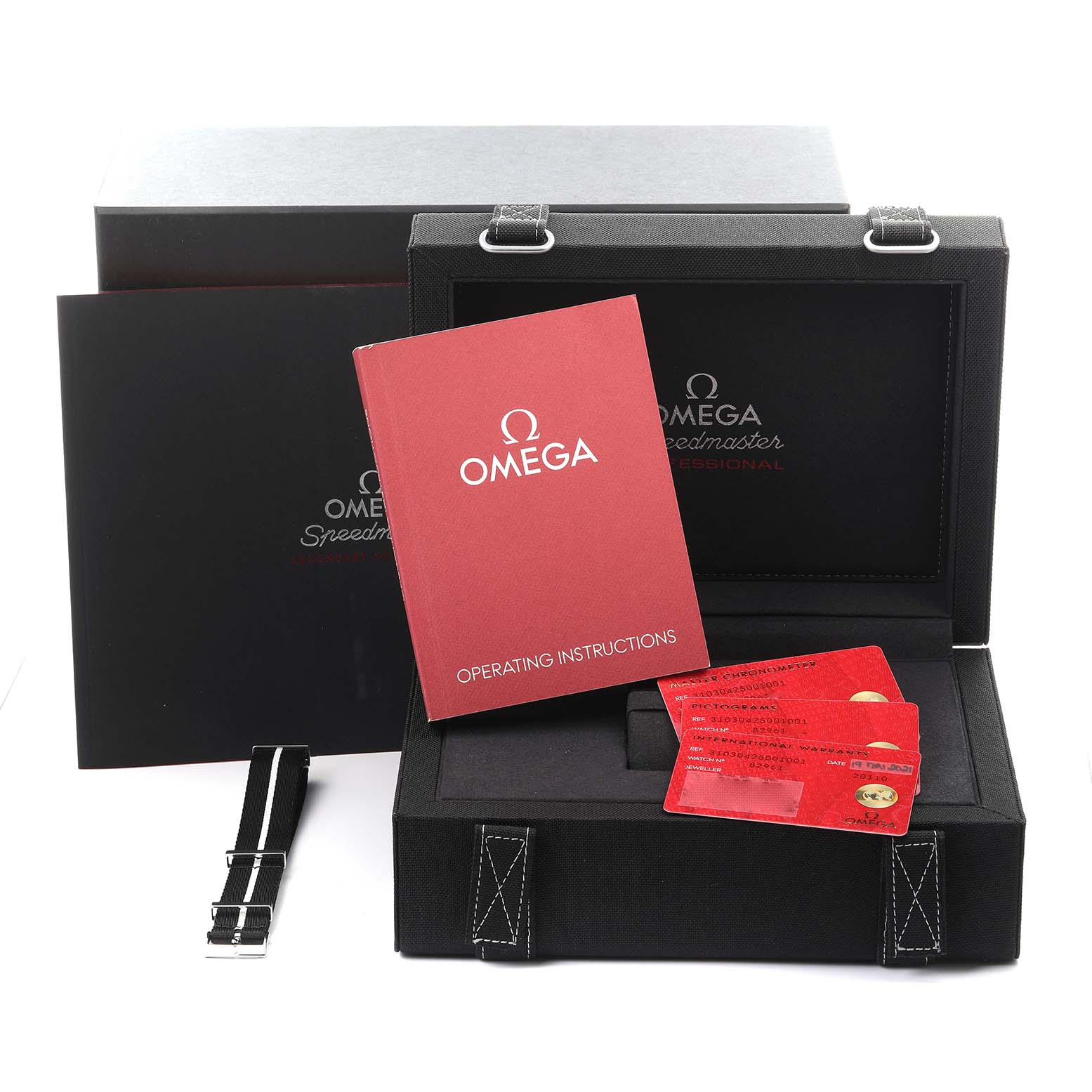 The image shows the Omega Speedmaster 310.30.42.50.01.001 Men
s Stainless Steel Black Dial 310.30.42.50.01.001 Men
s Stainless Steel Black Dial packaging with a strap, operating instructions, and warranty cards.