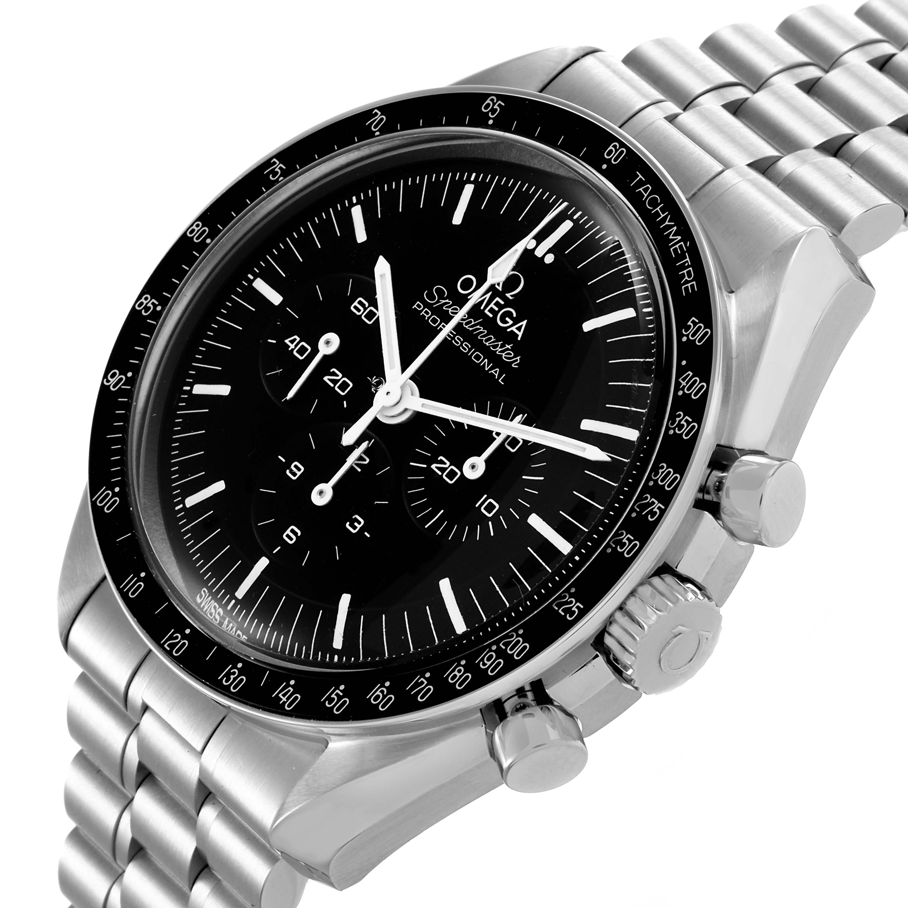 The Omega Speedmaster 310.30.42.50.01.001 Men
s Stainless Steel Black Dial 310.30.42.50.01.001 Men
s Stainless Steel Black Dial watch is shown at a slight angle, highlighting the face, bezel, crown, and bracelet.