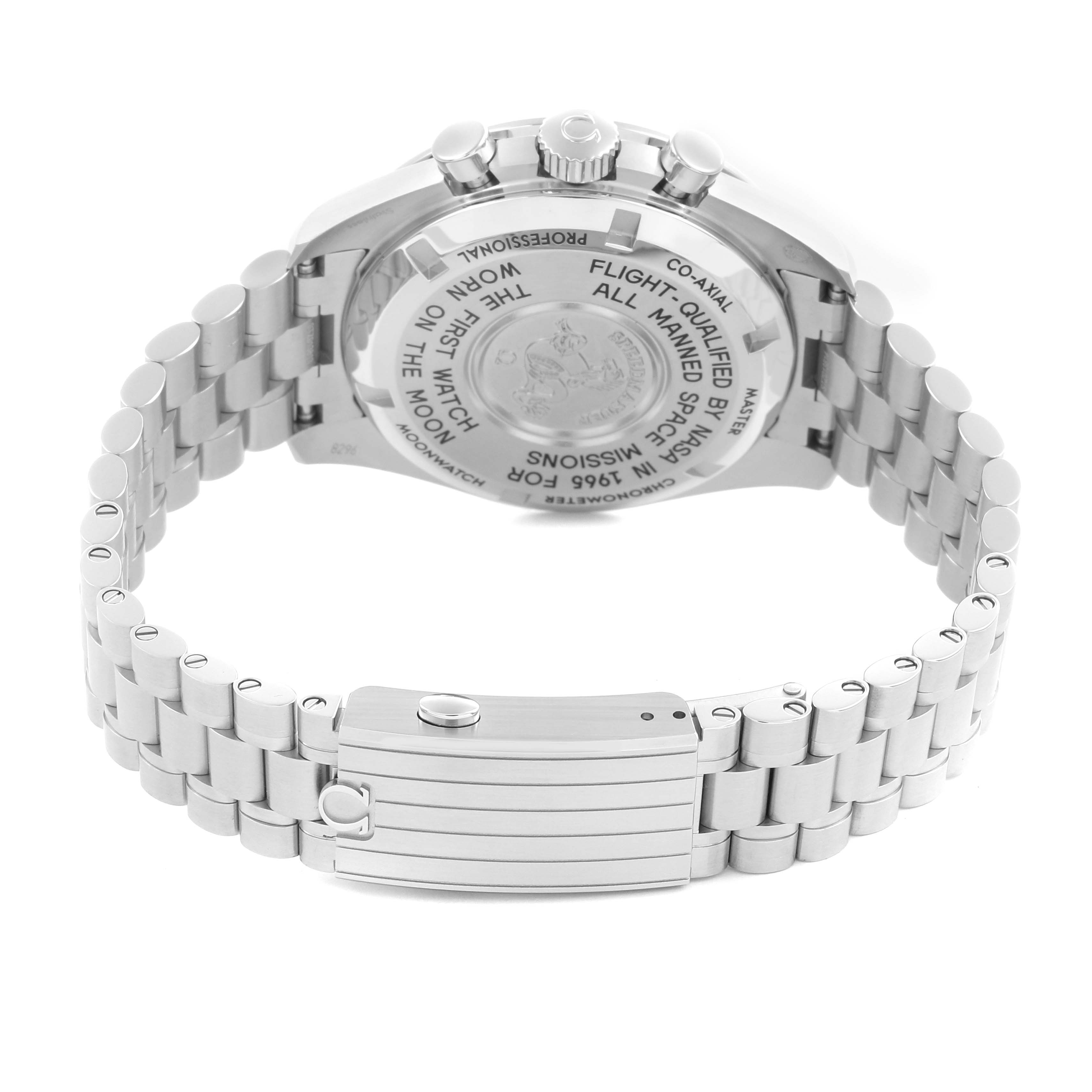 The image shows the case back and bracelet of the Omega Speedmaster 310.30.42.50.01.001 Men
s Stainless Steel Black Dial 310.30.42.50.01.001 Men
s Stainless Steel Black Dial, showcasing the clasp and engraved details.