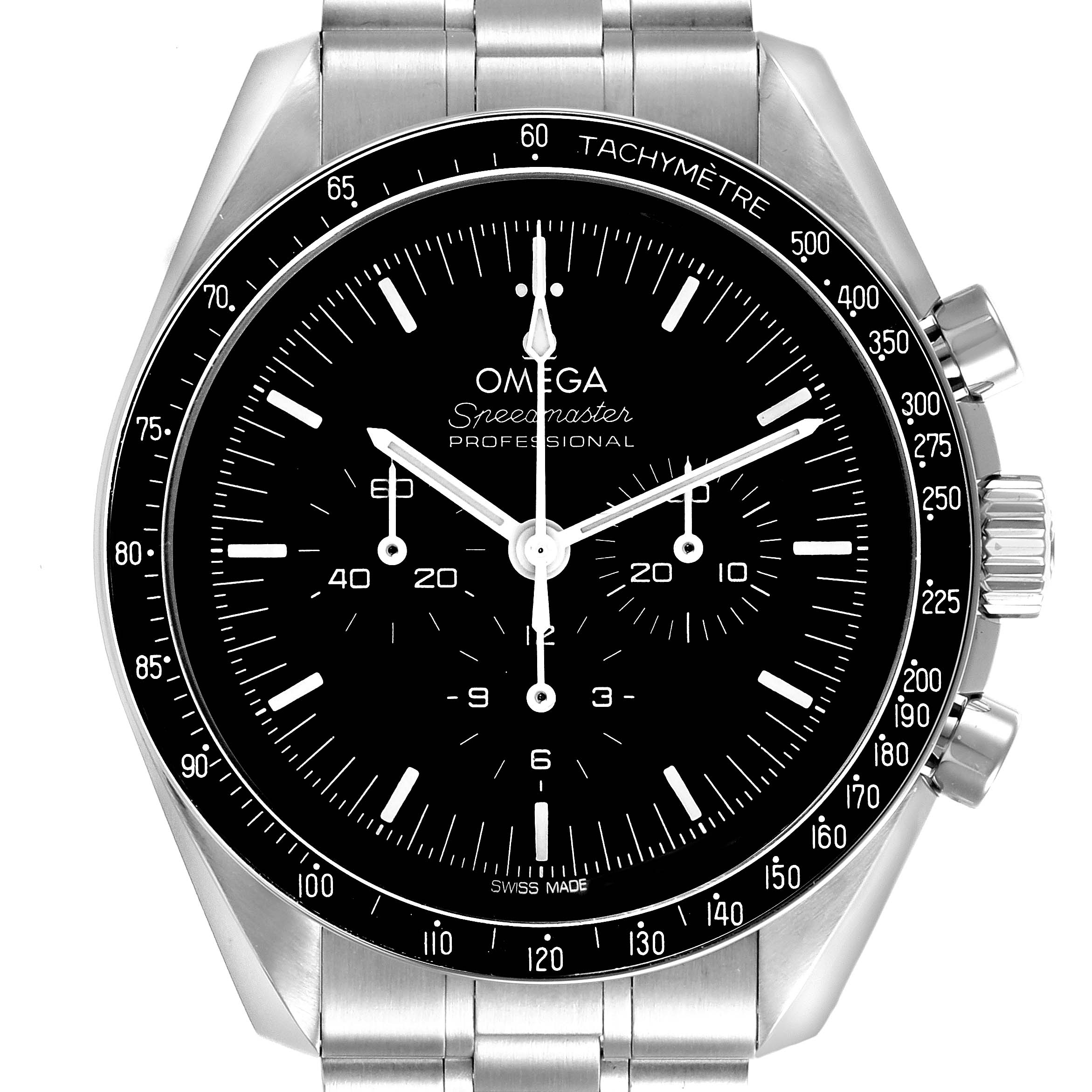 The image shows a front view of the Omega Speedmaster 310.30.42.50.01.001 Men
s Stainless Steel Black Dial 310.30.42.50.01.001 Men
s Stainless Steel Black Dial, highlighting the watch face, tachymeter bezel, and chronograph dials.