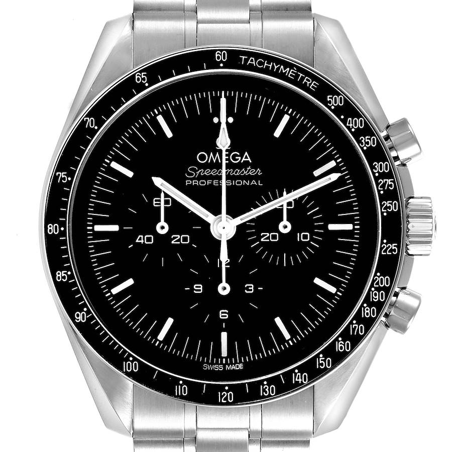 The image shows a front view of the Omega Speedmaster, highlighting the watch face, tachymeter bezel, and chronograph dials.