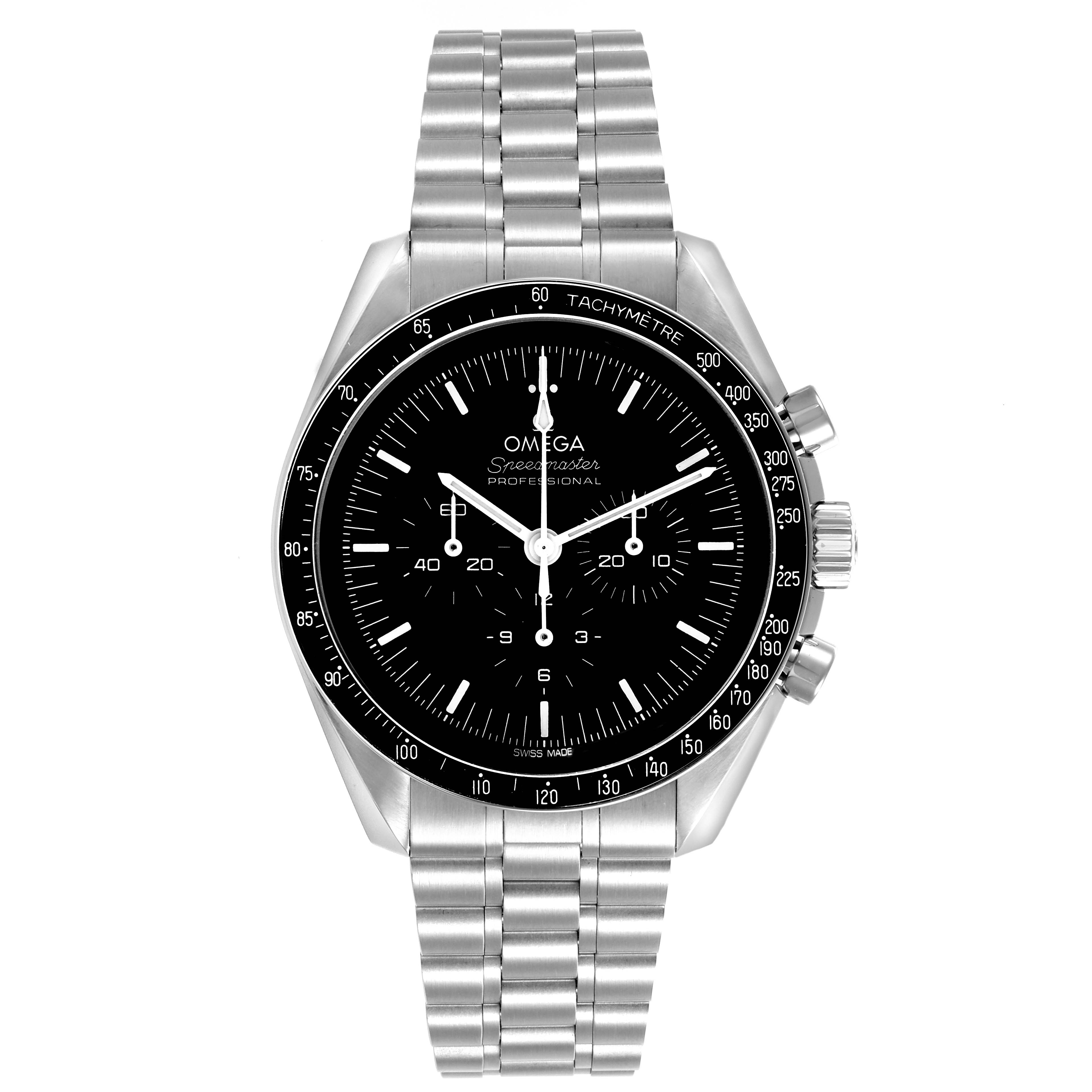 The image shows a front view of the Omega Speedmaster 310.30.42.50.01.001 Men
s Stainless Steel Black Dial 310.30.42.50.01.001 Men
s Stainless Steel Black Dial, displaying the face, bezel, and bracelet.
