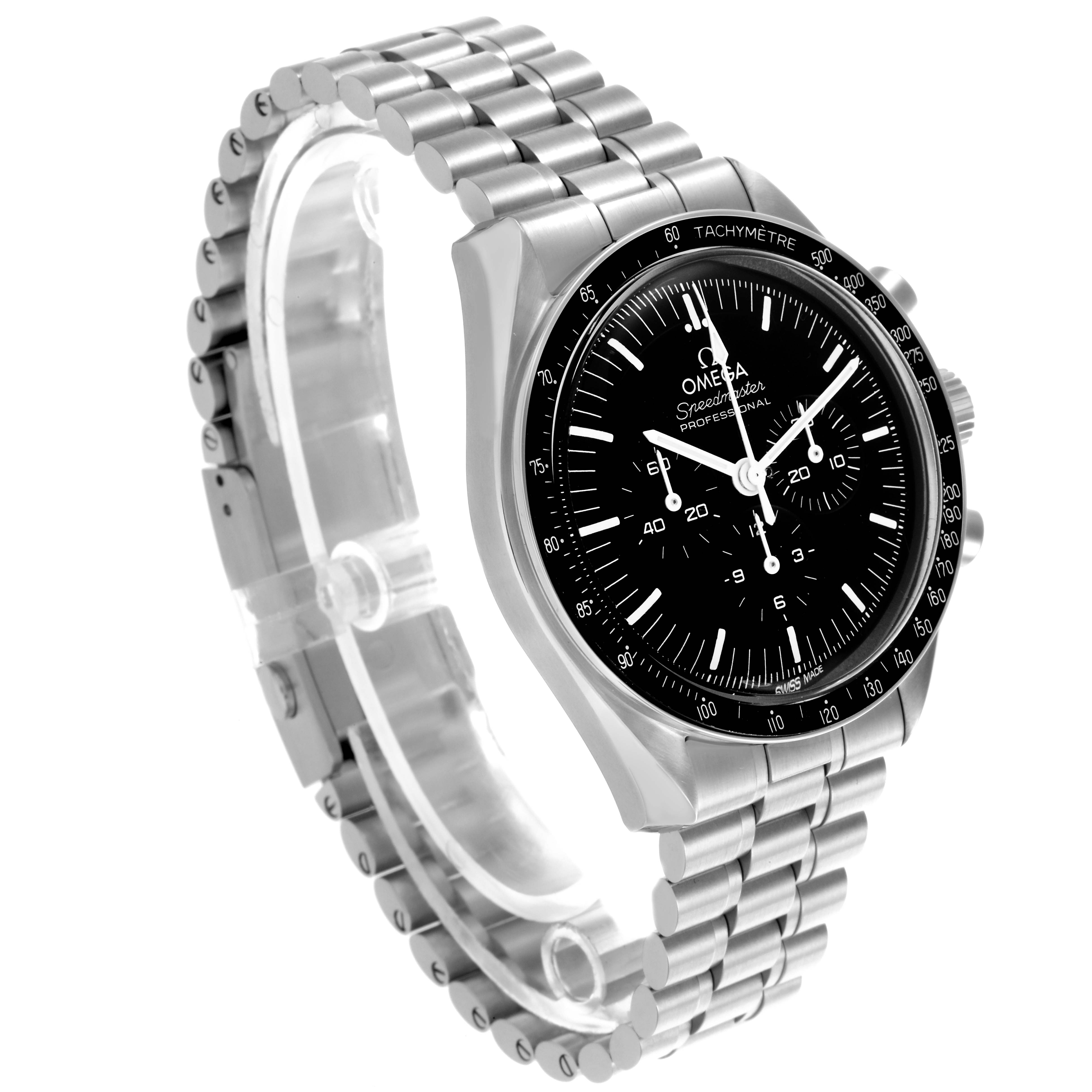 The Omega Speedmaster 310.30.42.50.01.001 Men
s Stainless Steel Black Dial 310.30.42.50.01.001 Men
s Stainless Steel Black Dial watch is shown at a front-side angle, highlighting the face, bezel, and bracelet.
