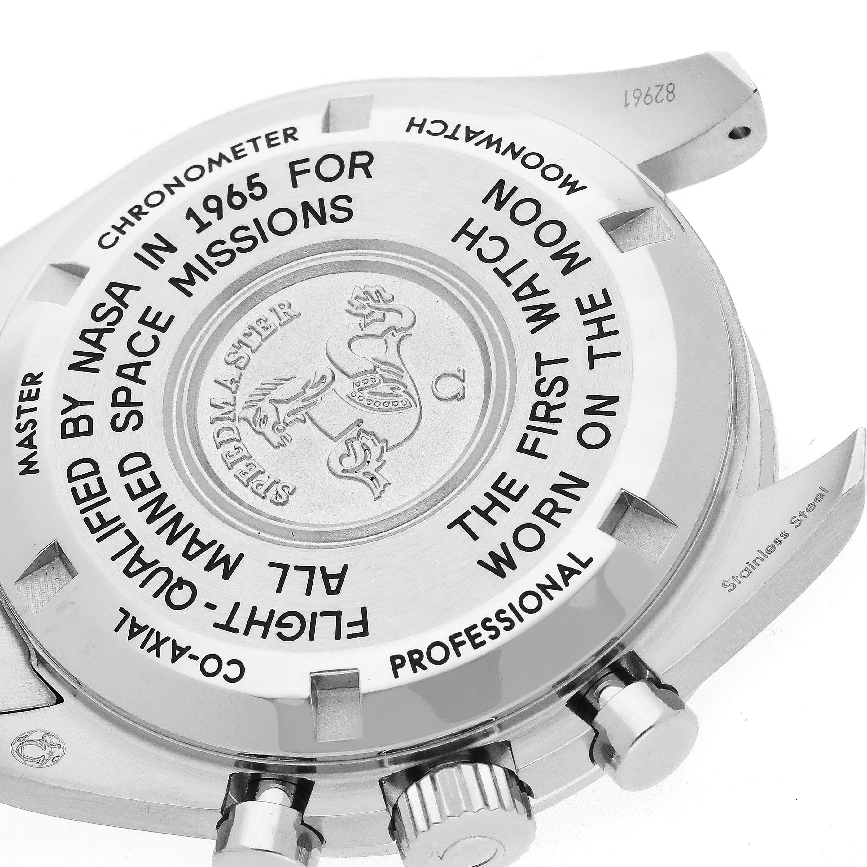 The Omega Speedmaster 310.30.42.50.01.001 Men
s Stainless Steel Black Dial 310.30.42.50.01.001 Men
s Stainless Steel Black Dial watch is shown from the back, highlighting the engraved case back and text details.