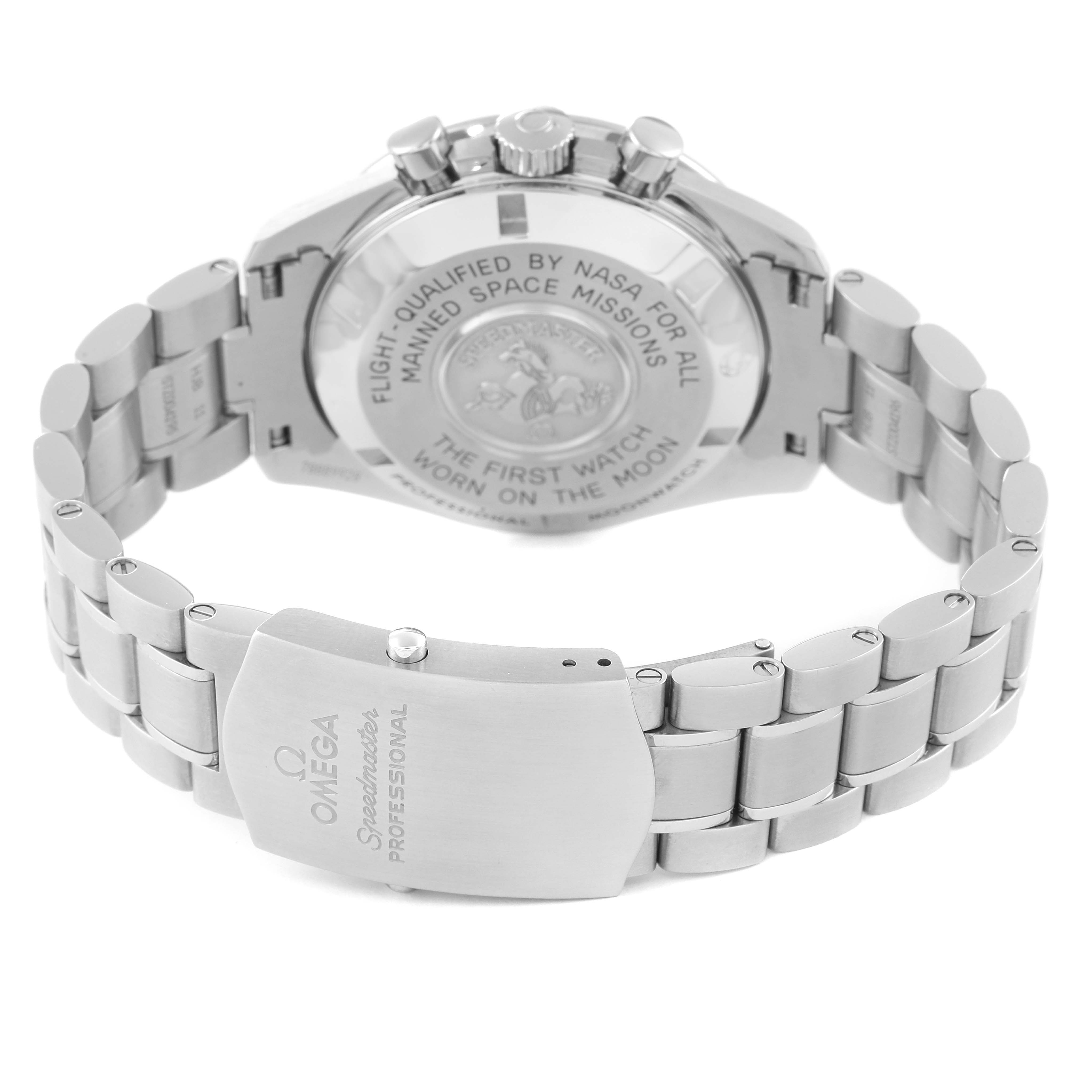 This image shows the rear view of an Omega Speedmaster 311.30.42.30.01.005 Men's Stainless Steel Black Dial 311.30.42.30.01.005 Men's Stainless Steel Black Dial watch, highlighting the case back and bracelet.