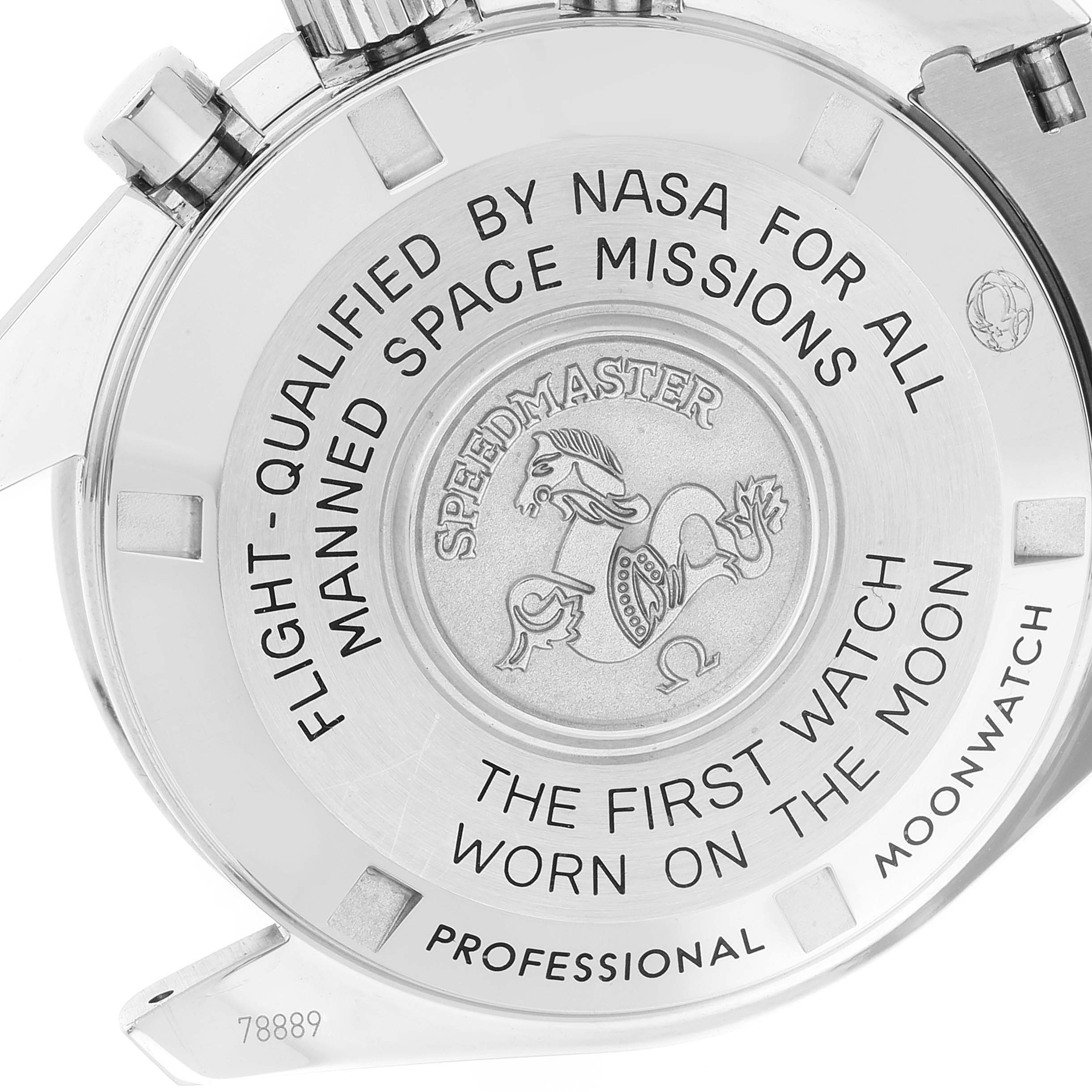 This image shows the case back of an Omega Speedmaster 311.30.42.30.01.005 Men's Stainless Steel Black Dial 311.30.42.30.01.005 Men's Stainless Steel Black Dial watch, highlighting the engravings and inscriptions.