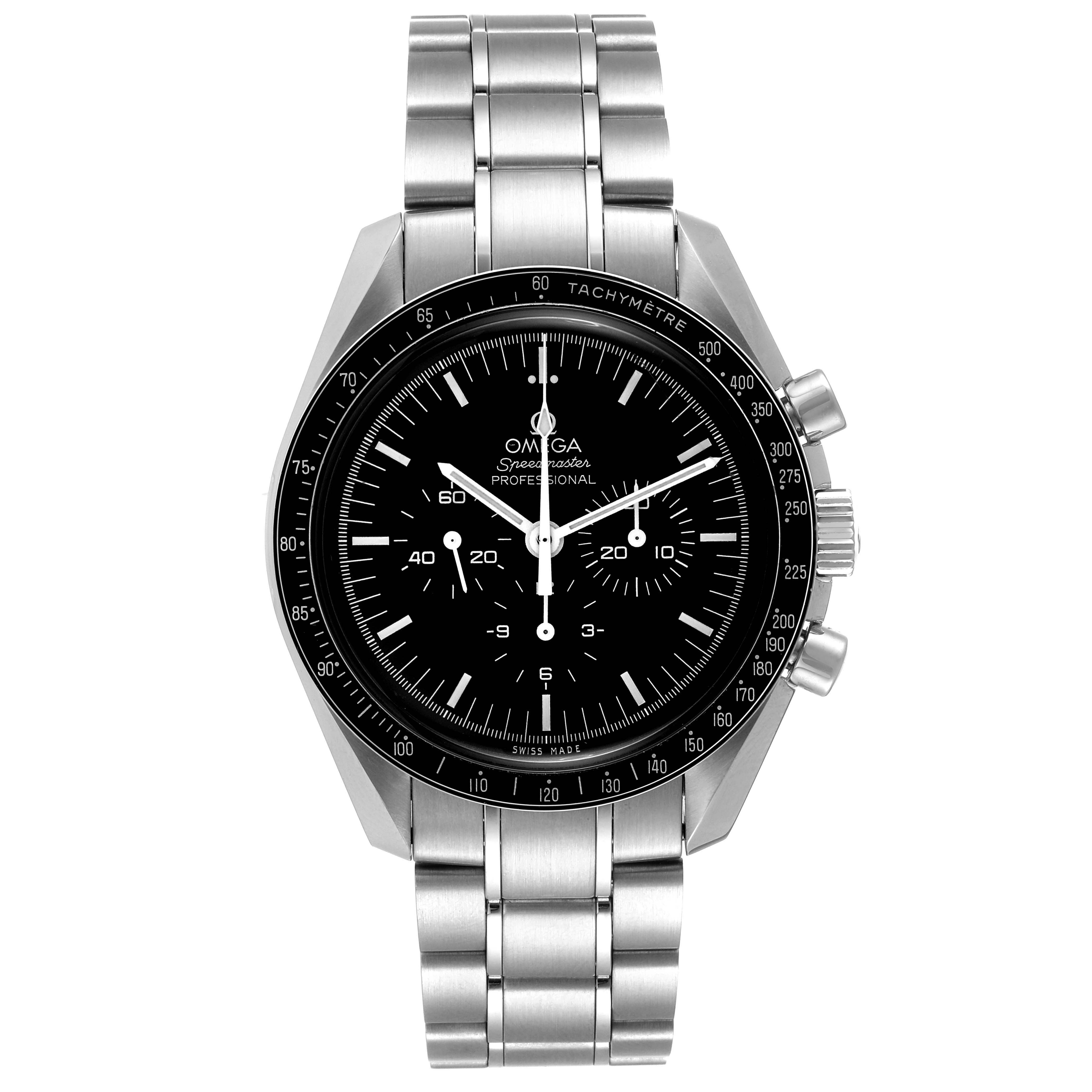 This image shows a front view of the Omega Speedmaster 311.30.42.30.01.005 Men's Stainless Steel Black Dial 311.30.42.30.01.005 Men's Stainless Steel Black Dial watch, highlighting its dial, bezel, and stainless steel bracelet.