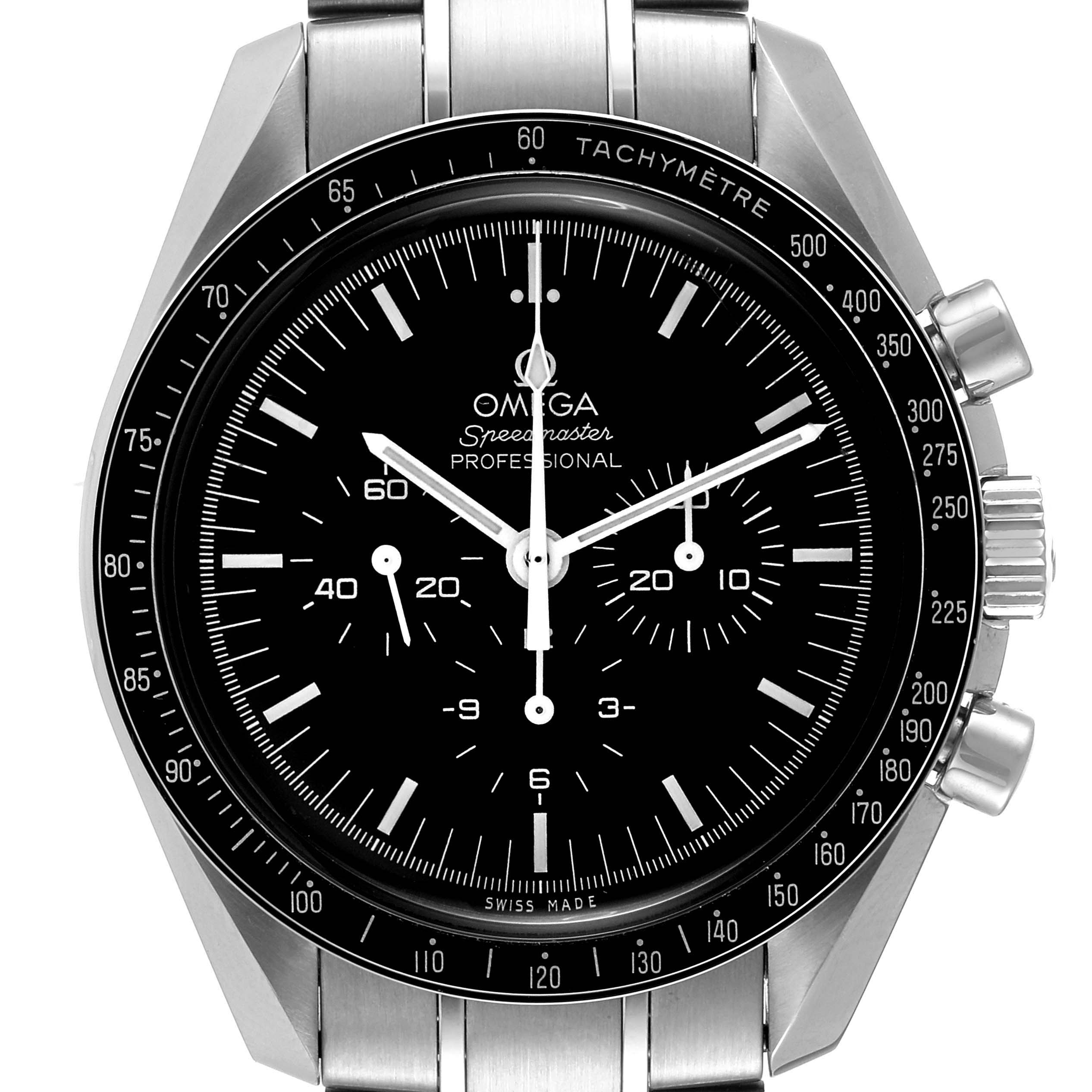 The image shows a front view of the Omega Speedmaster 311.30.42.30.01.005 Men's Stainless Steel Black Dial 311.30.42.30.01.005 Men's Stainless Steel Black Dial watch, detailing the dial, bezel, and crown with pushers.