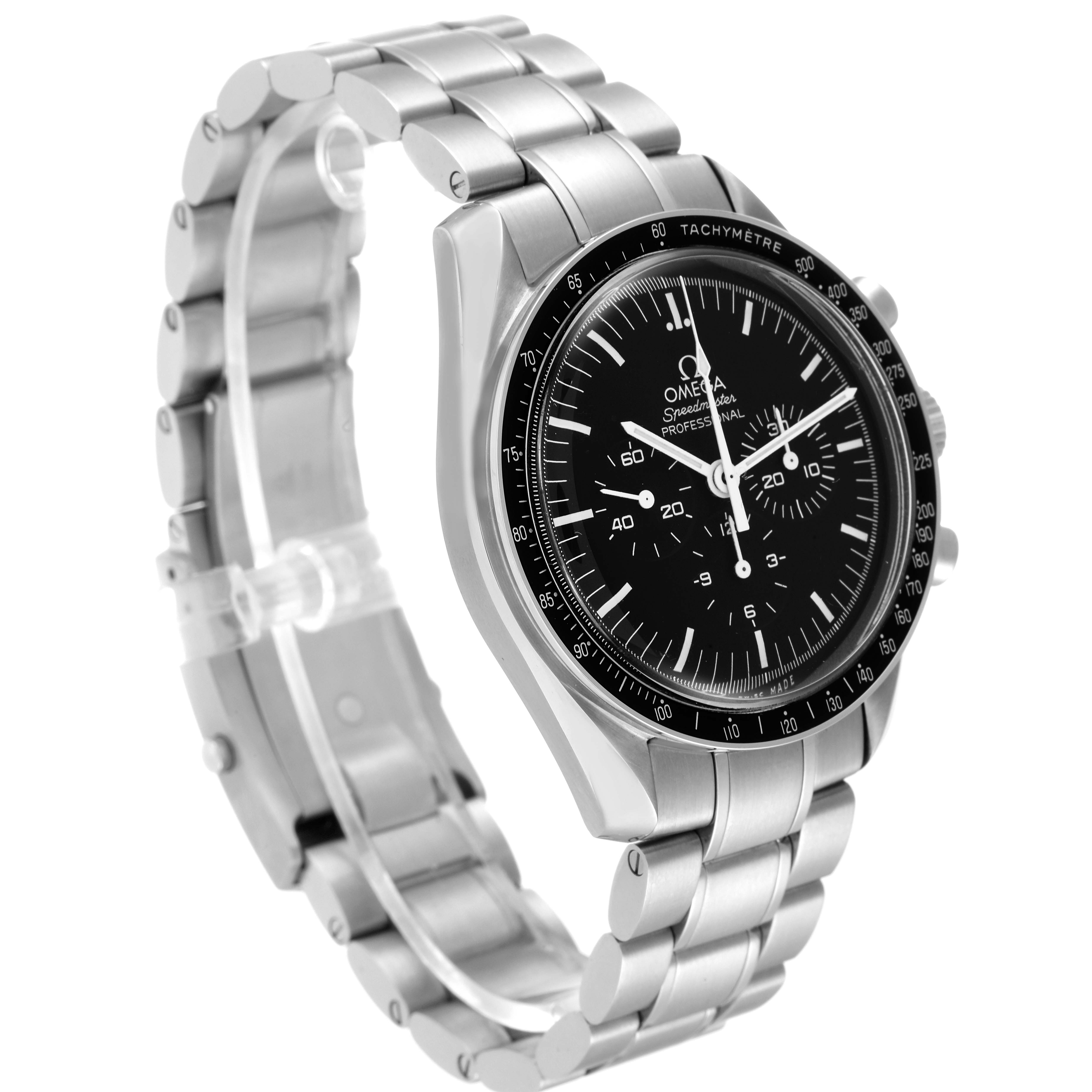 This Omega Speedmaster 311.30.42.30.01.005 Men's Stainless Steel Black Dial 311.30.42.30.01.005 Men's Stainless Steel Black Dial watch is shown at an angled view, displaying its stainless steel bracelet, black dial, and tachymeter bezel.
