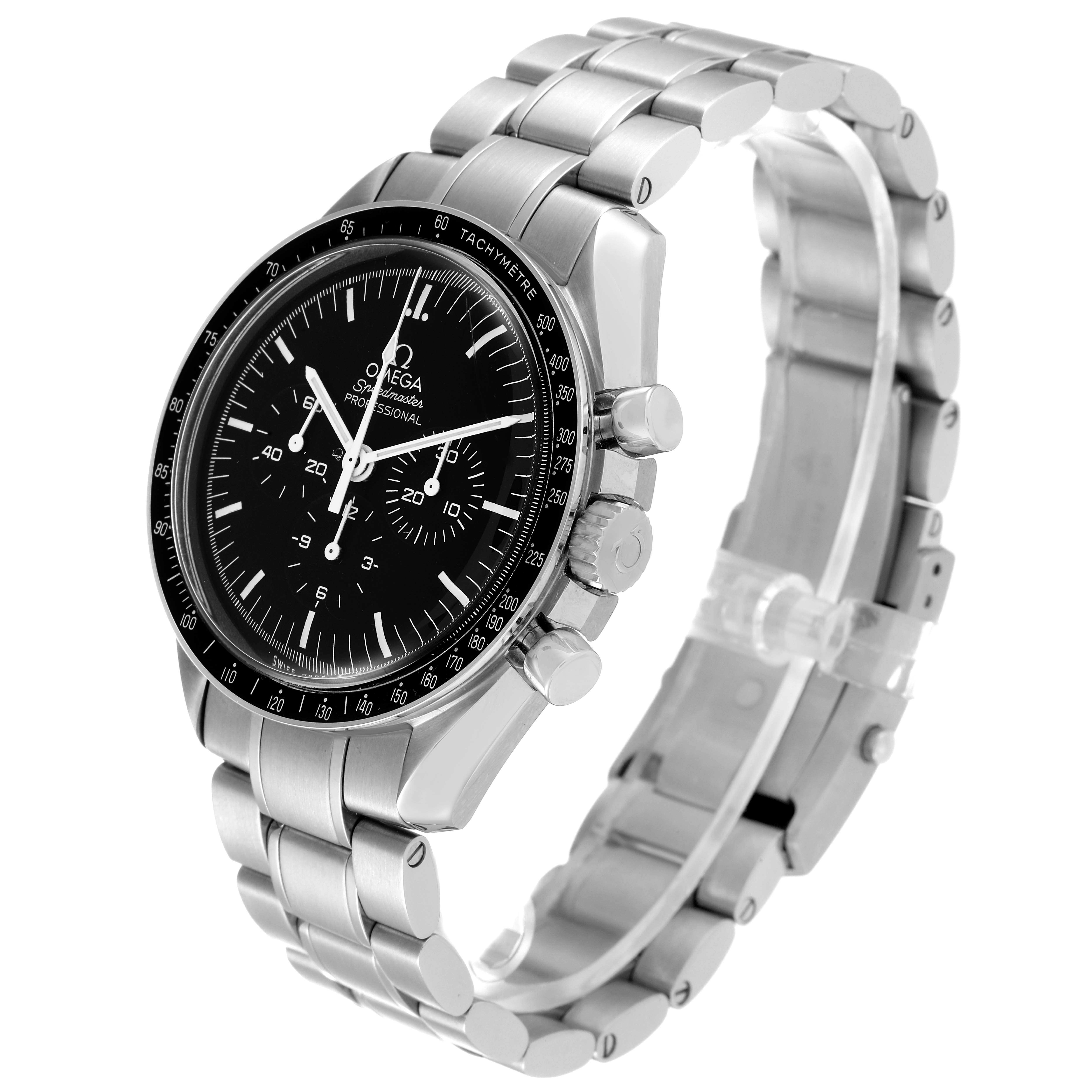 The image shows an angled side view of the Omega Speedmaster 311.30.42.30.01.005 Men's Stainless Steel Black Dial 311.30.42.30.01.005 Men's Stainless Steel Black Dial watch, highlighting its face, bezel, crown, and stainless steel bracelet.