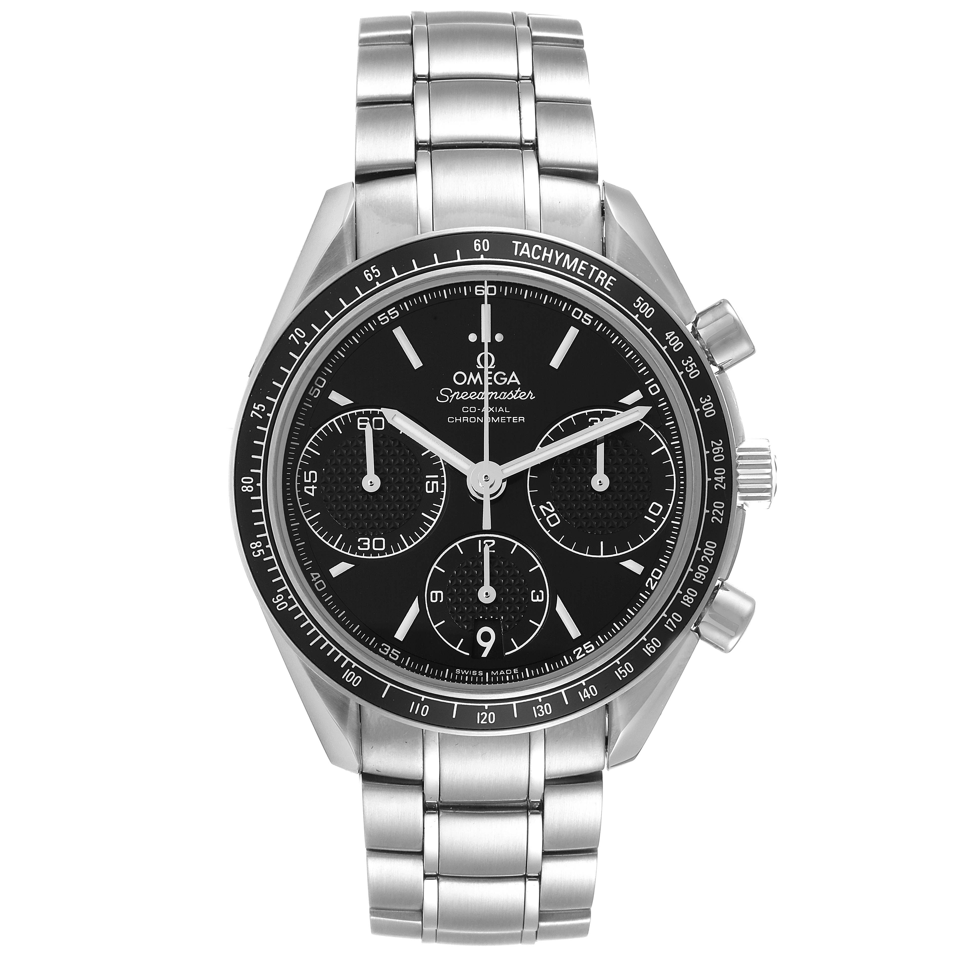 The image shows a frontal view of the Omega Speedmaster 326.30.40.50.01.001 Men's Stainless Steel Black Dial 326.30.40.50.01.001 Men's Stainless Steel Black Dial watch, including its dial, bezel, pushers, and metal bracelet.