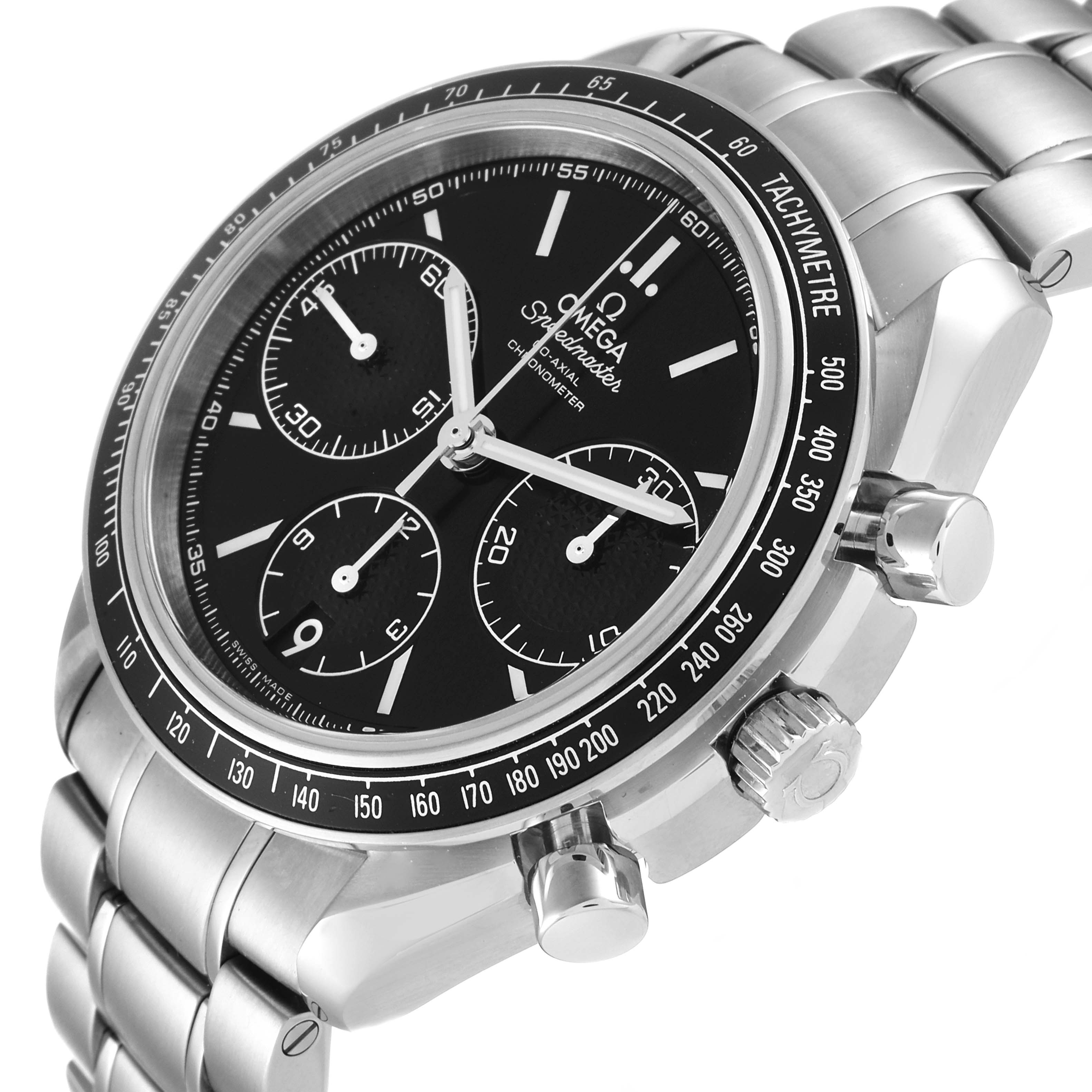 The Omega Speedmaster 326.30.40.50.01.001 Men's Stainless Steel Black Dial 326.30.40.50.01.001 Men's Stainless Steel Black Dial watch is shown from a front-left angle, highlighting the black dial, tachymeter, and metal bracelet.