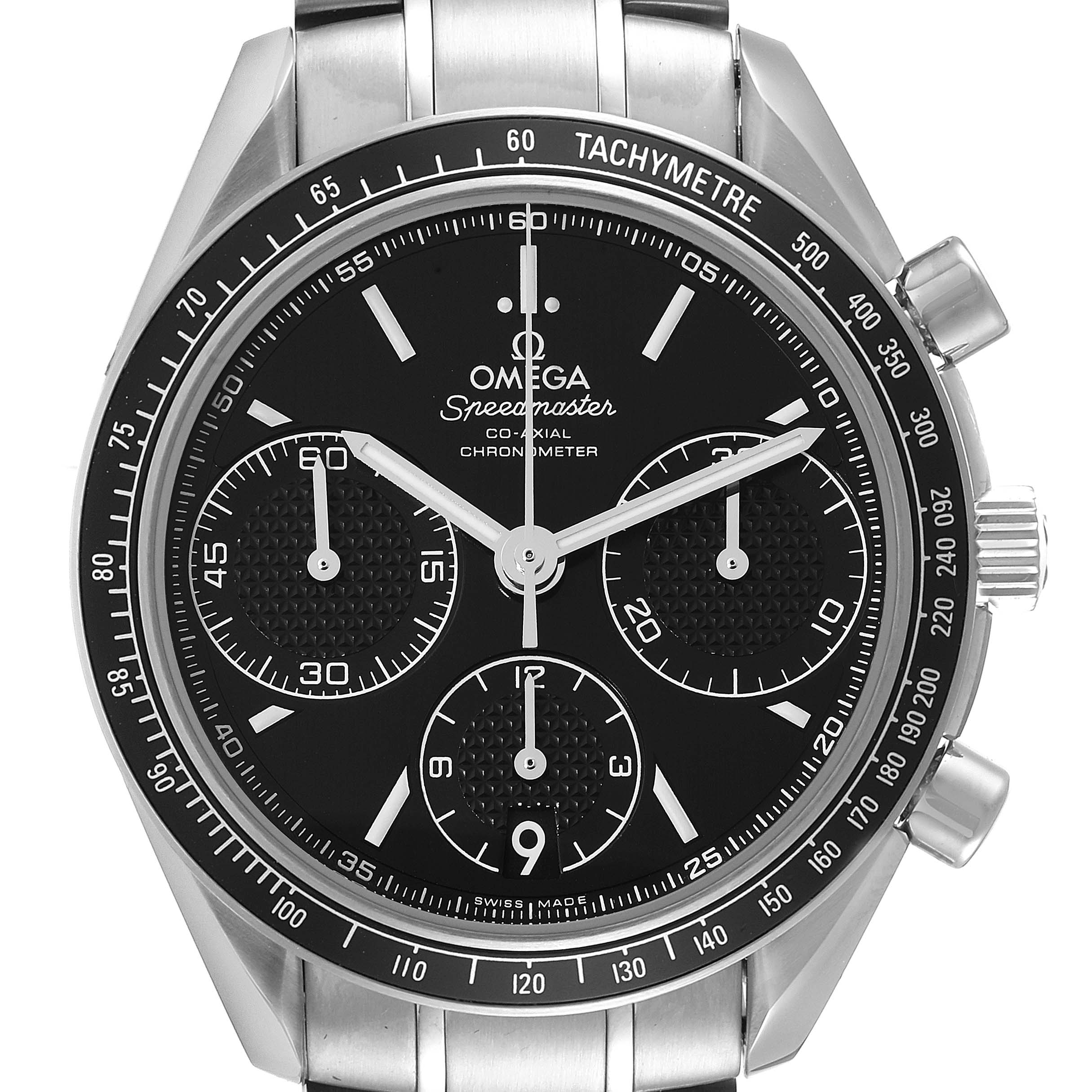 This image shows a front view of the Omega Speedmaster 326.30.40.50.01.001 Men's Stainless Steel Black Dial 326.30.40.50.01.001 Men's Stainless Steel Black Dial watch, highlighting its dial, chronograph subdials, and tachymetre bezel.