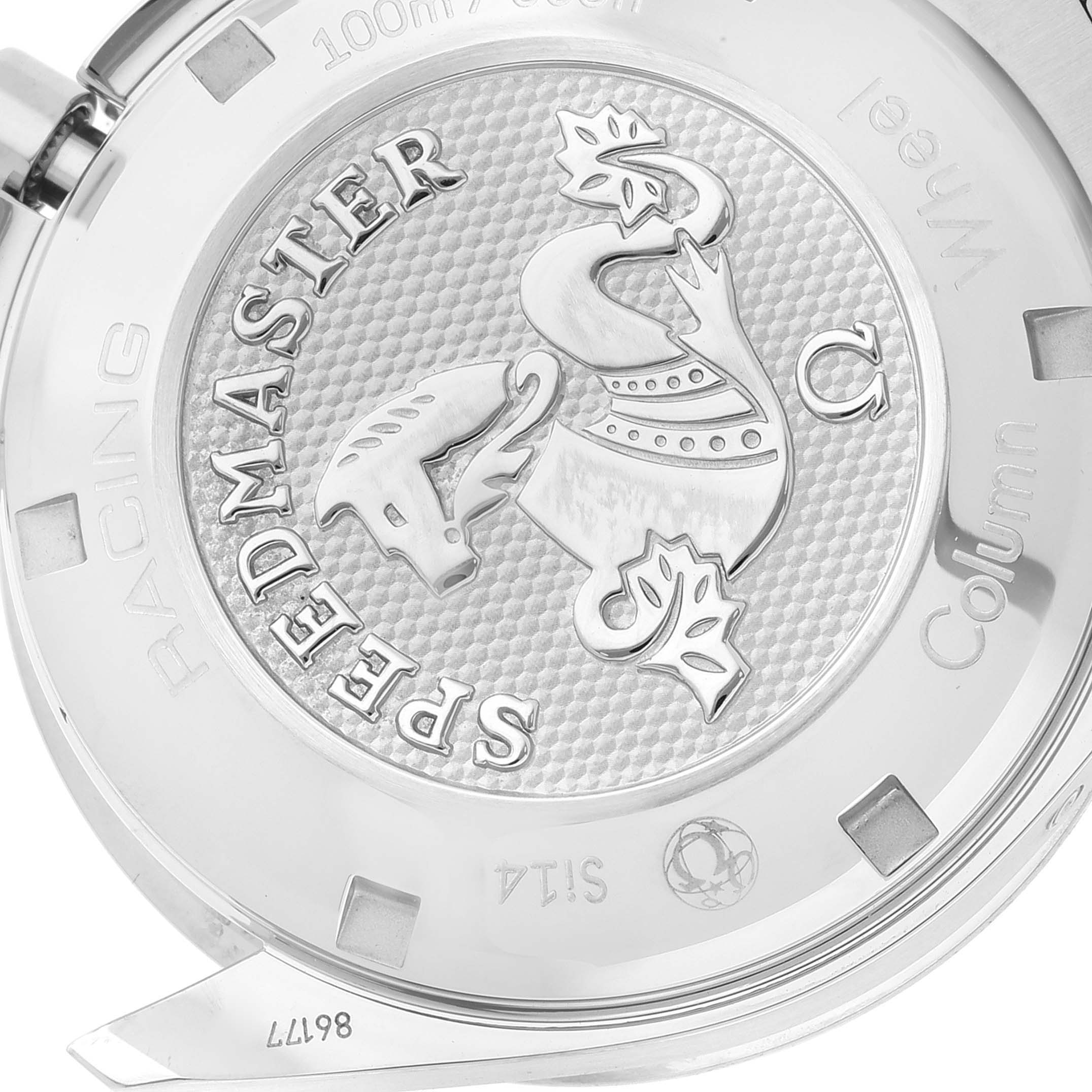 This image shows a close-up view of the case back of an Omega Speedmaster 326.30.40.50.01.001 Men's Stainless Steel Black Dial 326.30.40.50.01.001 Men's Stainless Steel Black Dial watch, featuring its emblem and engravings.