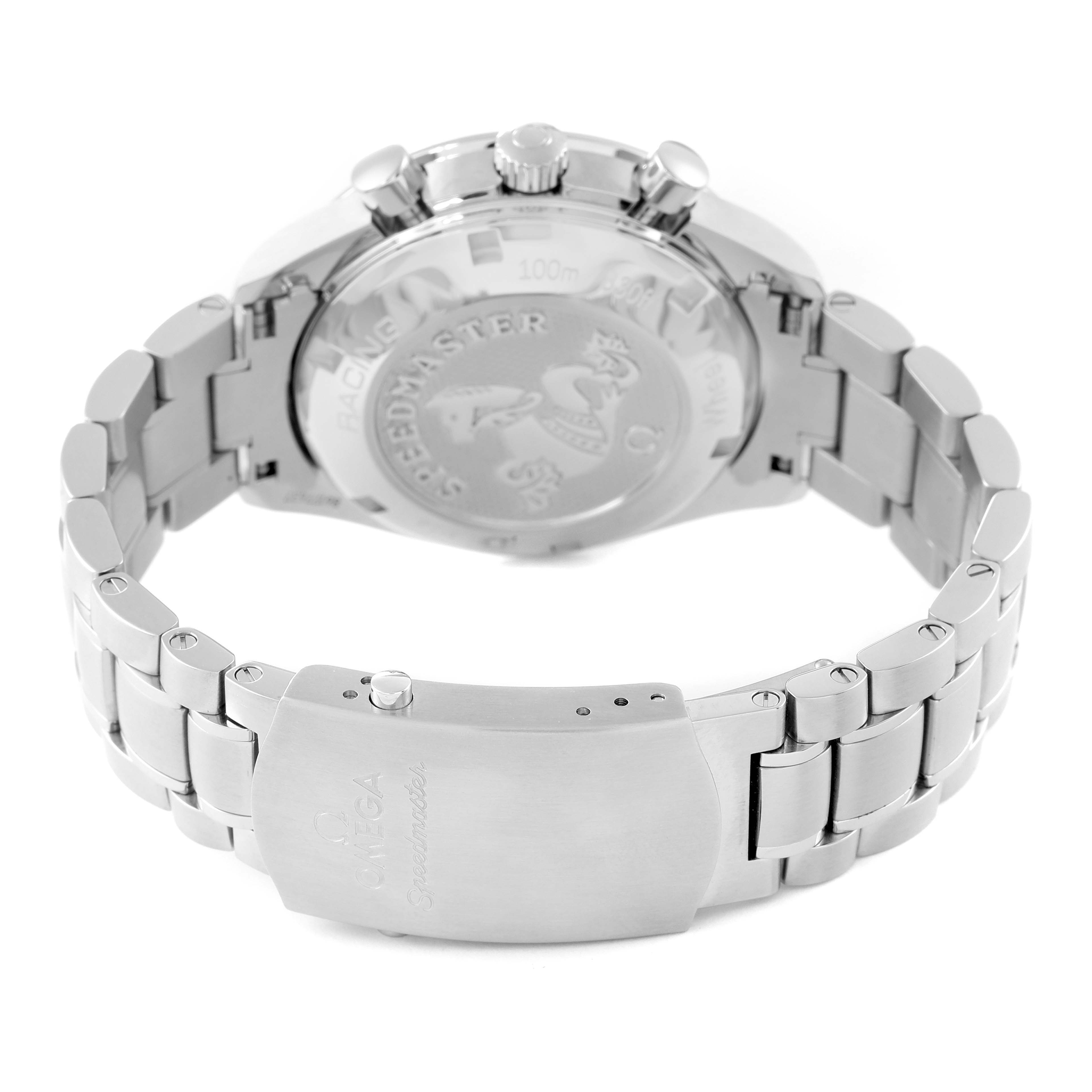 The image shows the back casing, band, and clasp of an Omega Speedmaster 326.30.40.50.01.001 Men's Stainless Steel Black Dial 326.30.40.50.01.001 Men's Stainless Steel Black Dial watch viewed from a rear angle.