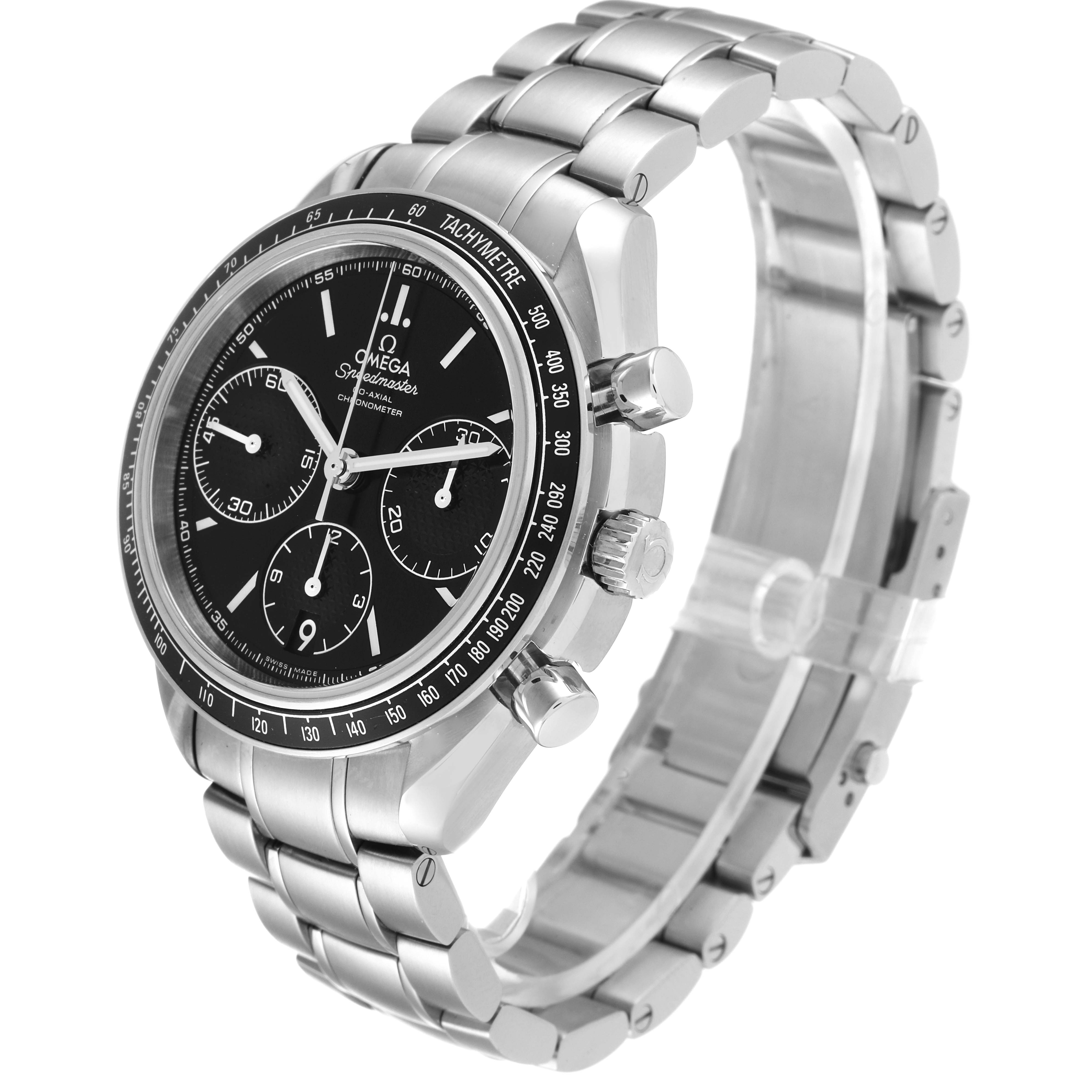The Omega Speedmaster 326.30.40.50.01.001 Men's Stainless Steel Black Dial 326.30.40.50.01.001 Men's Stainless Steel Black Dial watch is shown at a three-quarter angle, highlighting the face, bezel, case, and stainless steel bracelet.