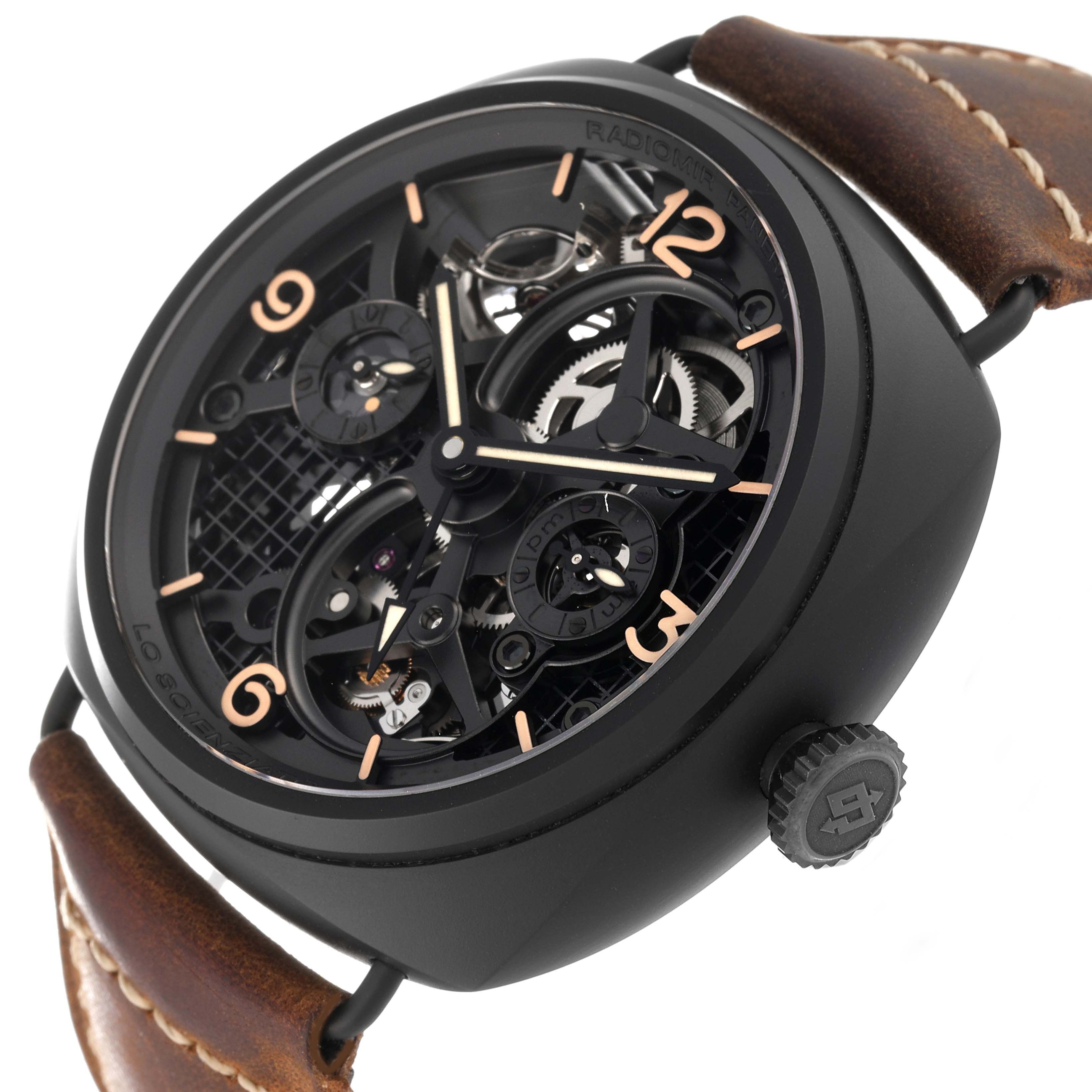This image shows the front of a Panerai Radiomir PAM00348 Men's Ceramic Transparent Dial PAM00348 Men's Ceramic Transparent Dial watch at a slight angle, highlighting its internal gears and brown leather strap.
