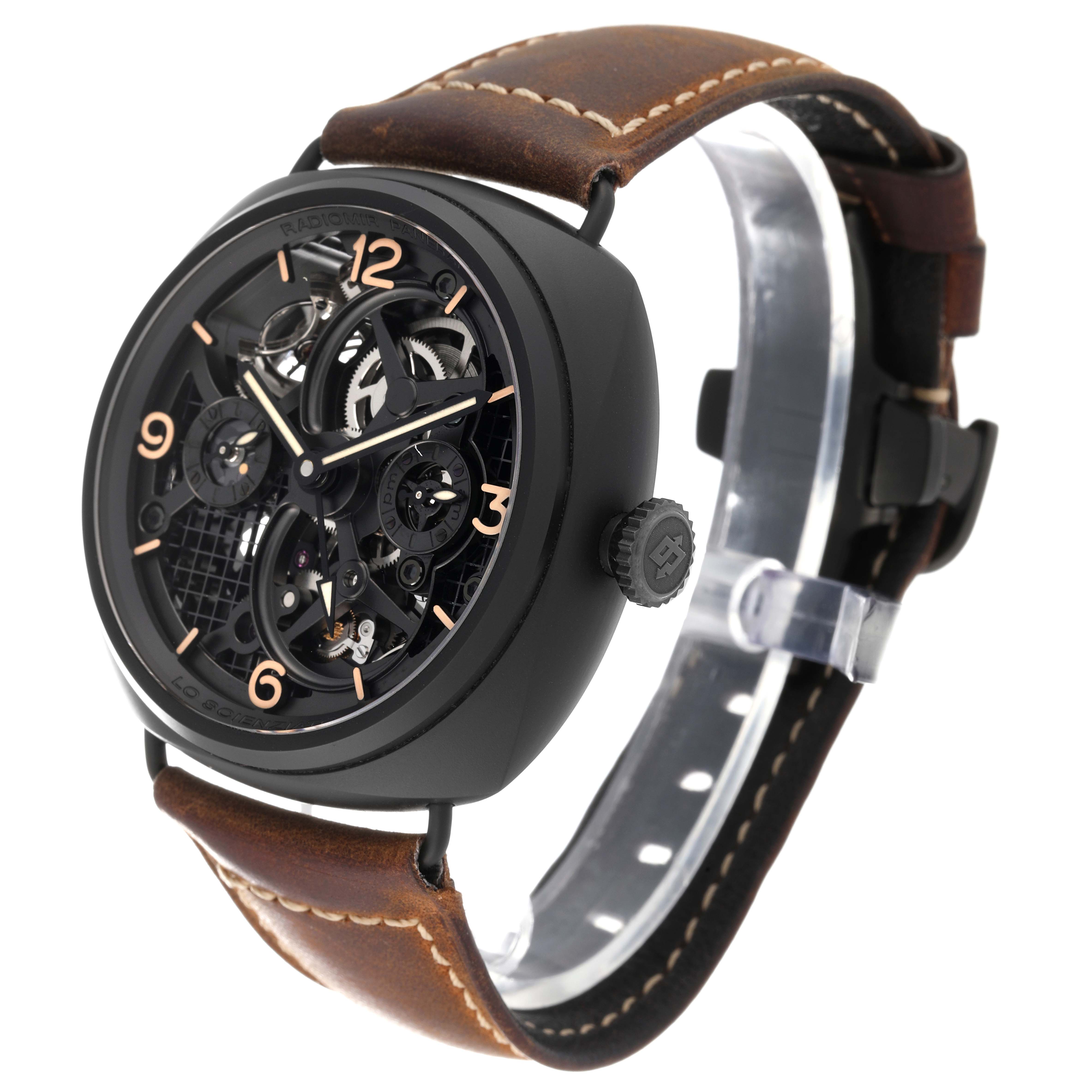 This image shows a Panerai Radiomir PAM00348 Men's Ceramic Transparent Dial PAM00348 Men's Ceramic Transparent Dial watch at an angled view, highlighting its face, bezel, crown, and leather strap.