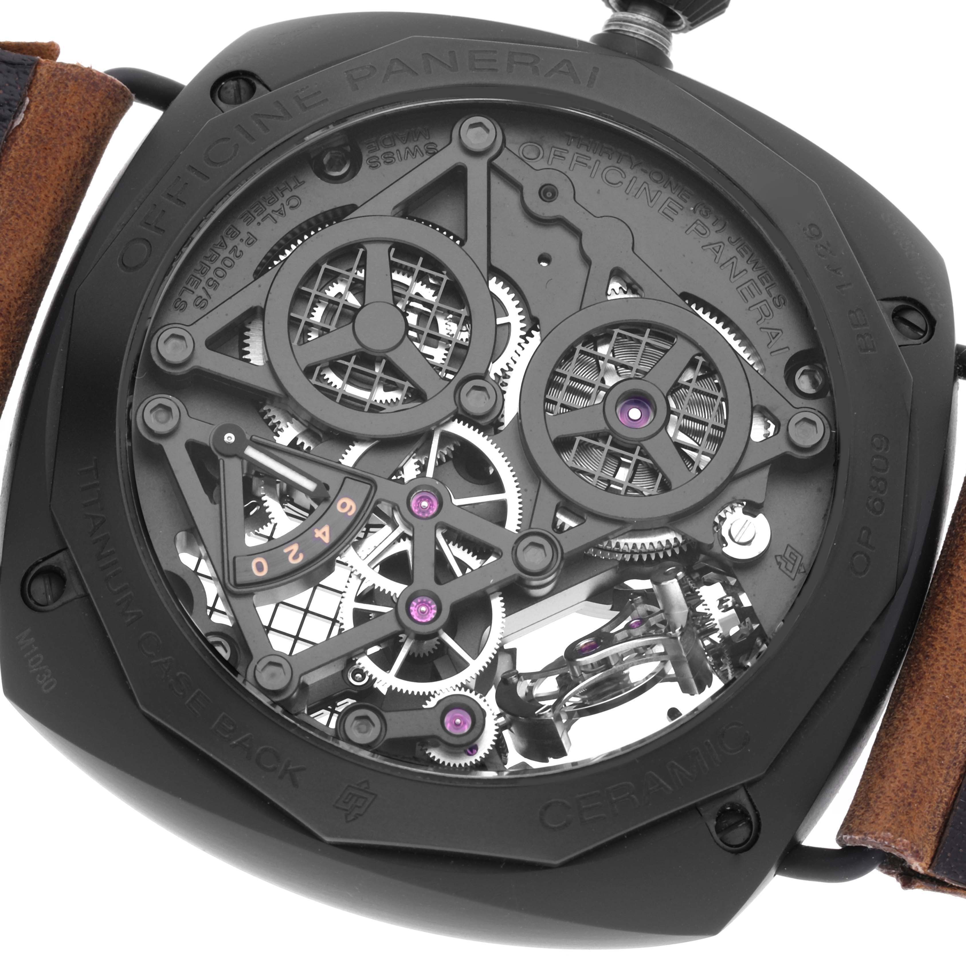 The image shows the back view of the Panerai Radiomir PAM00348 Men's Ceramic Transparent Dial PAM00348 Men's Ceramic Transparent Dial watch, highlighting its intricate internal mechanics and movement.
