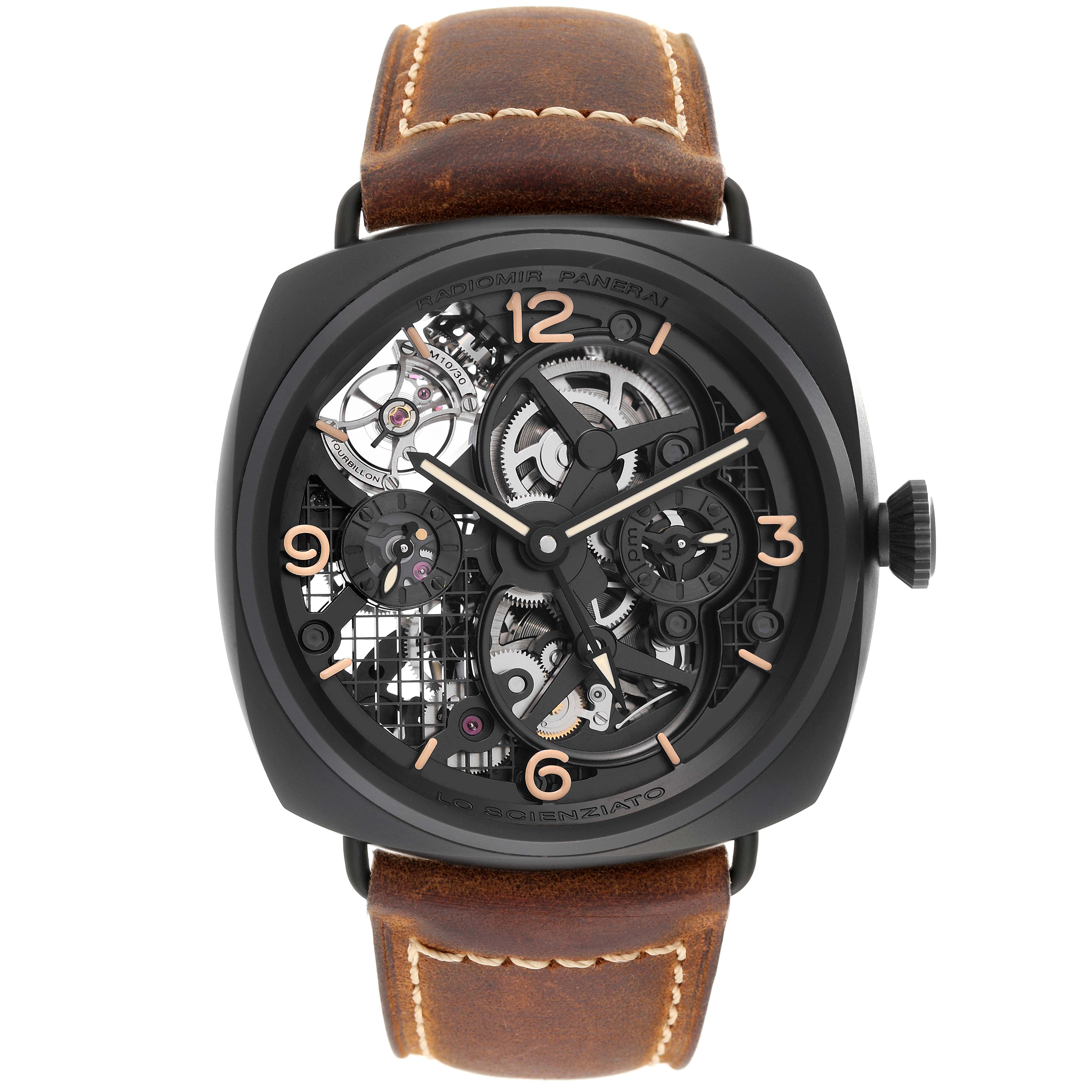 The image shows a front view of a Panerai Radiomir PAM00348 Men's Ceramic Transparent Dial PAM00348 Men's Ceramic Transparent Dial watch, highlighting its skeleton dial, hands, and leather strap.