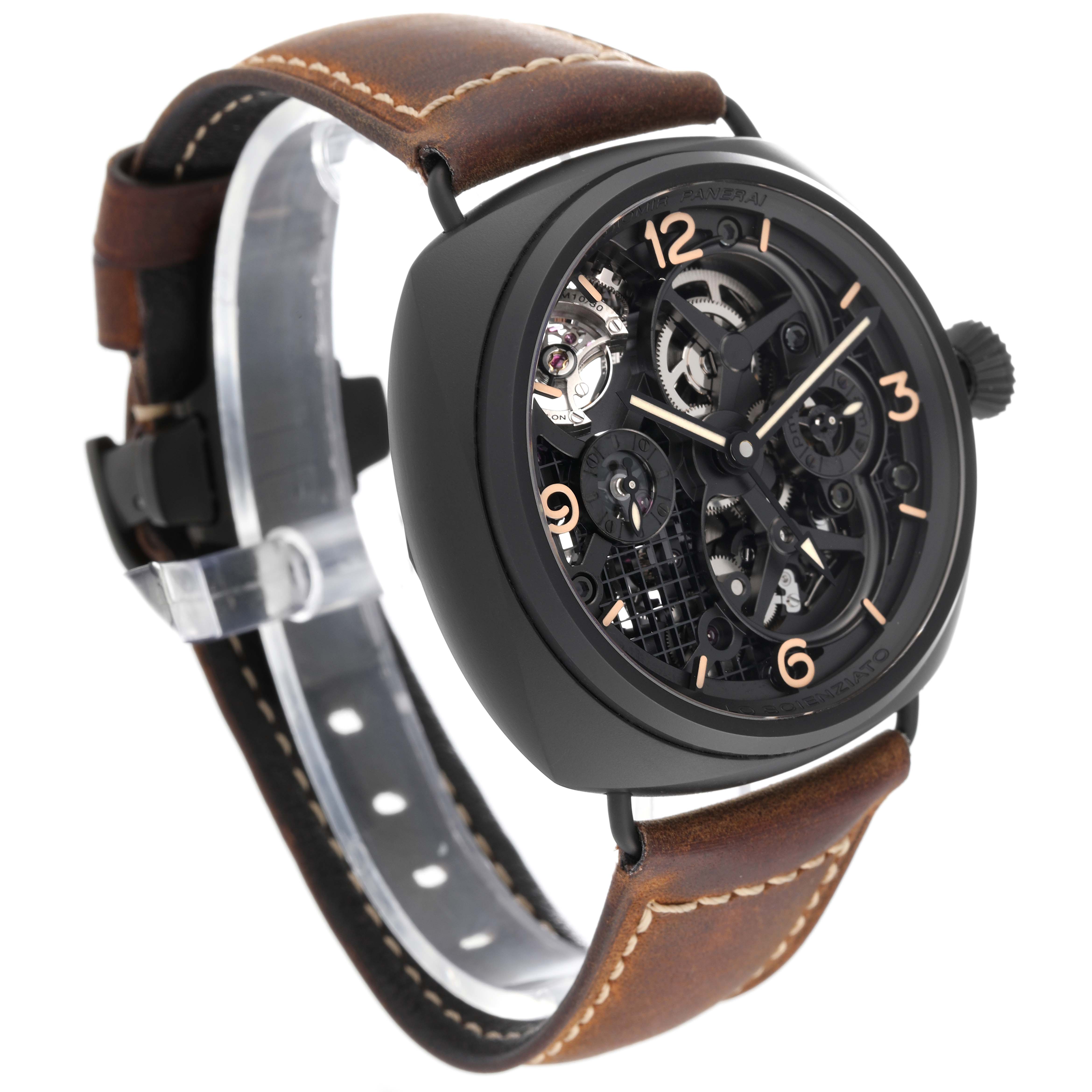 This is a Radiomir model by Panerai, shown at a slight angle highlighting its face, case, and leather strap.