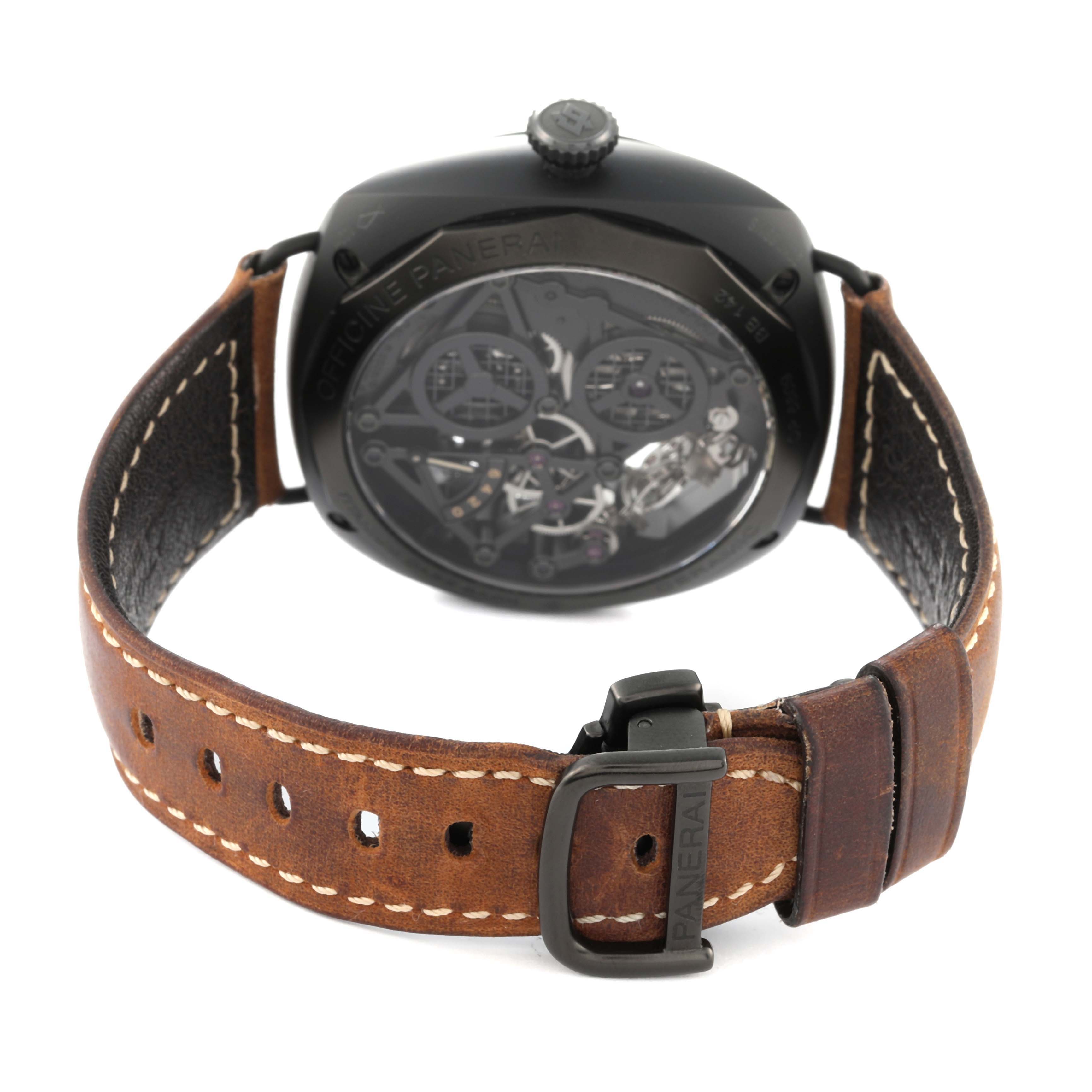 The image shows the back view of a Panerai Radiomir PAM00348 Men's Ceramic Transparent Dial PAM00348 Men's Ceramic Transparent Dial watch, highlighting its case back and leather strap.