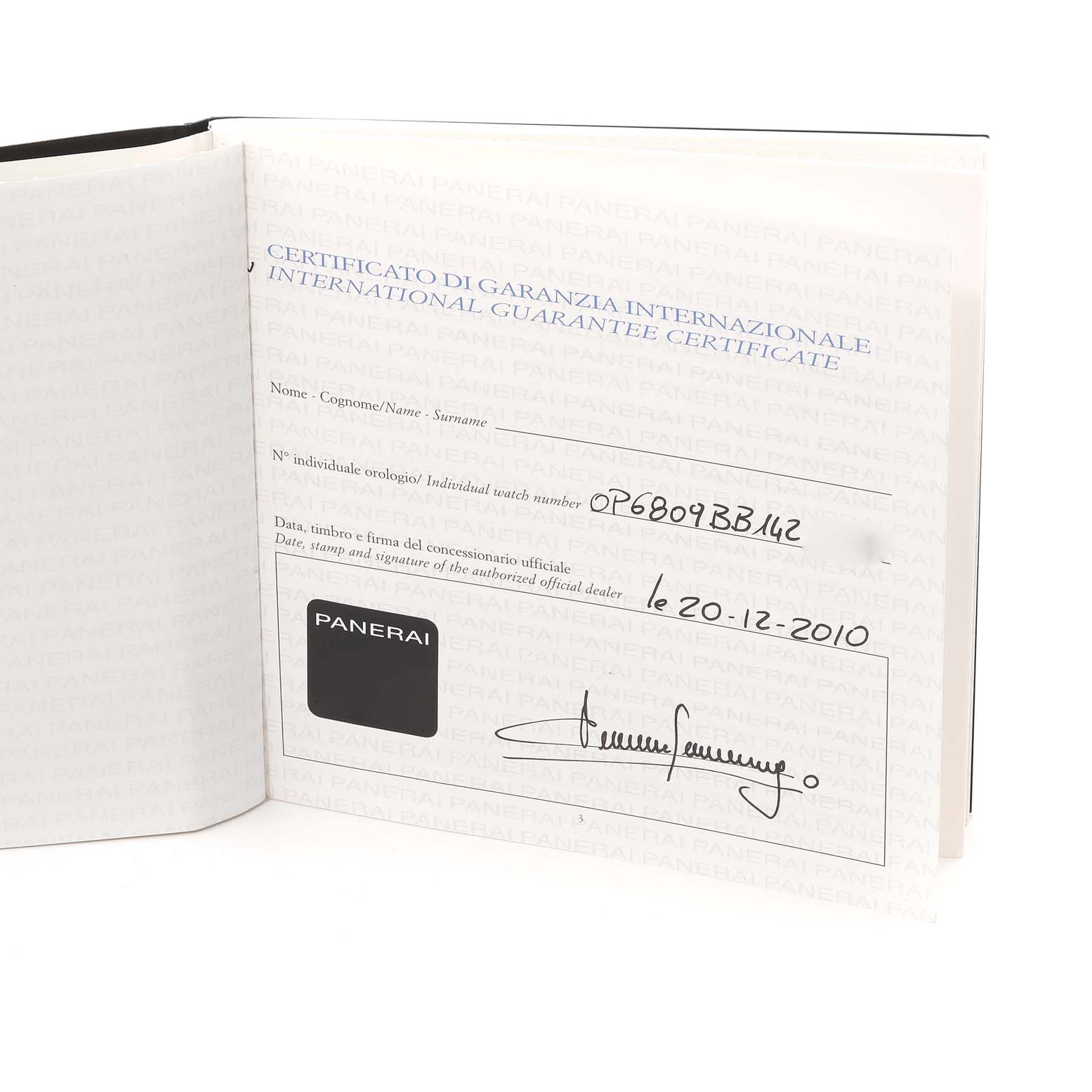 The image shows an International Guarantee Certificate for a Panerai Radiomir PAM00348 Men's Ceramic Transparent Dial PAM00348 Men's Ceramic Transparent Dial model watch.