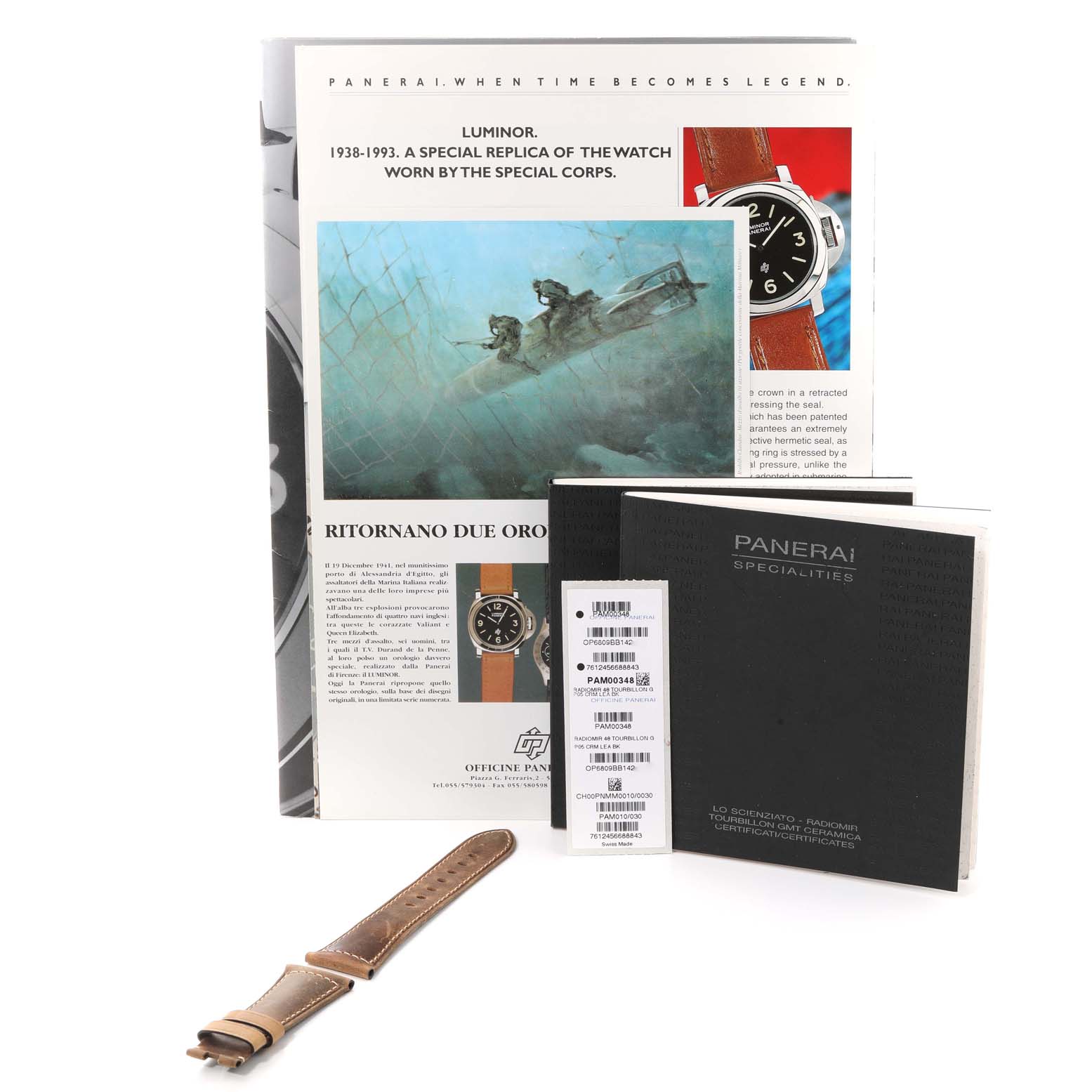The image shows documentation and a brown leather strap for a Panerai Radiomir PAM00348 Men's Ceramic Transparent Dial PAM00348 Men's Ceramic Transparent Dial watch.