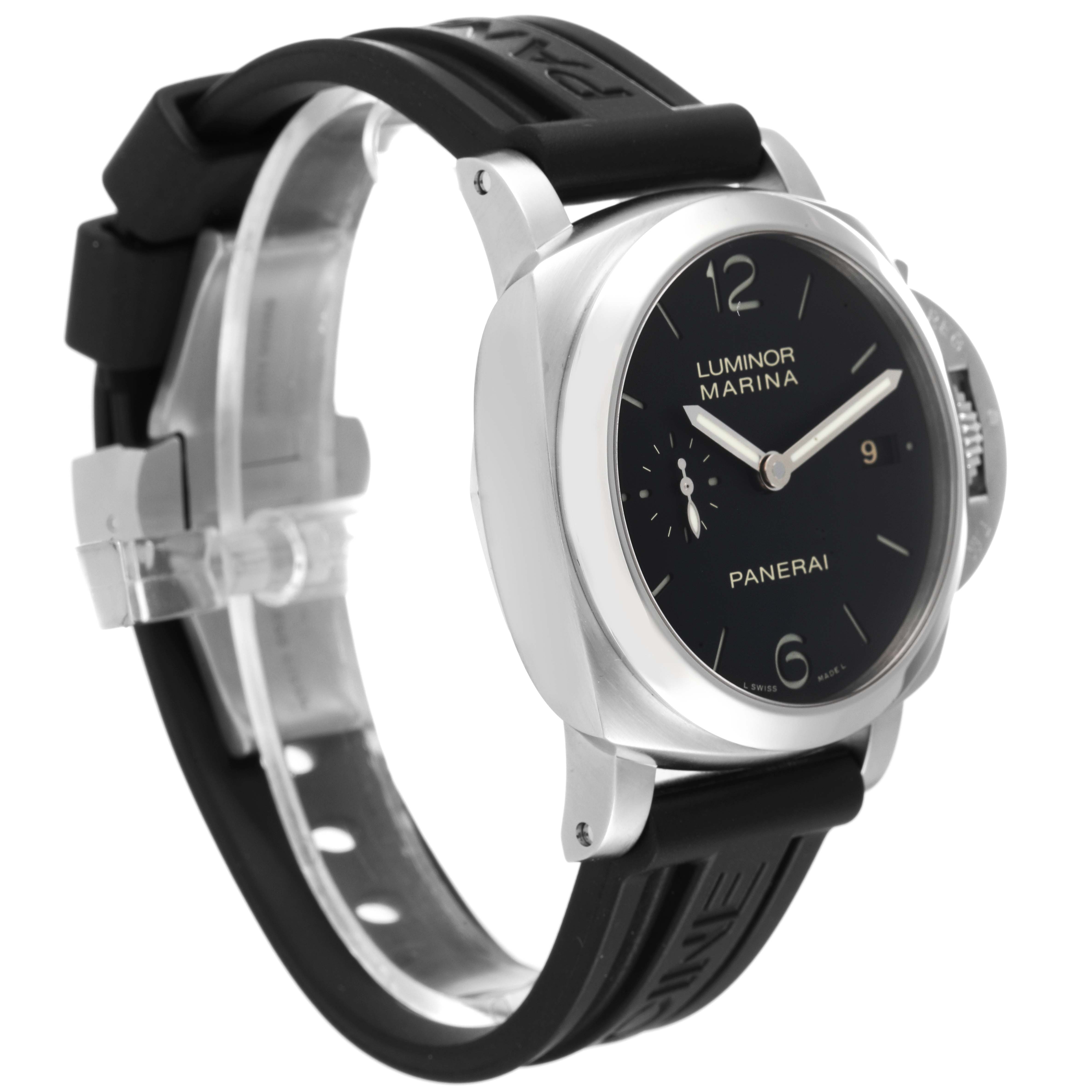 This image shows a Panerai Luminor PAM00392 Men's Stainless Steel Black Dial PAM00392 Men's Stainless Steel Black Dial watch from a three-quarter angle, highlighting the case, dial, and black rubber strap.