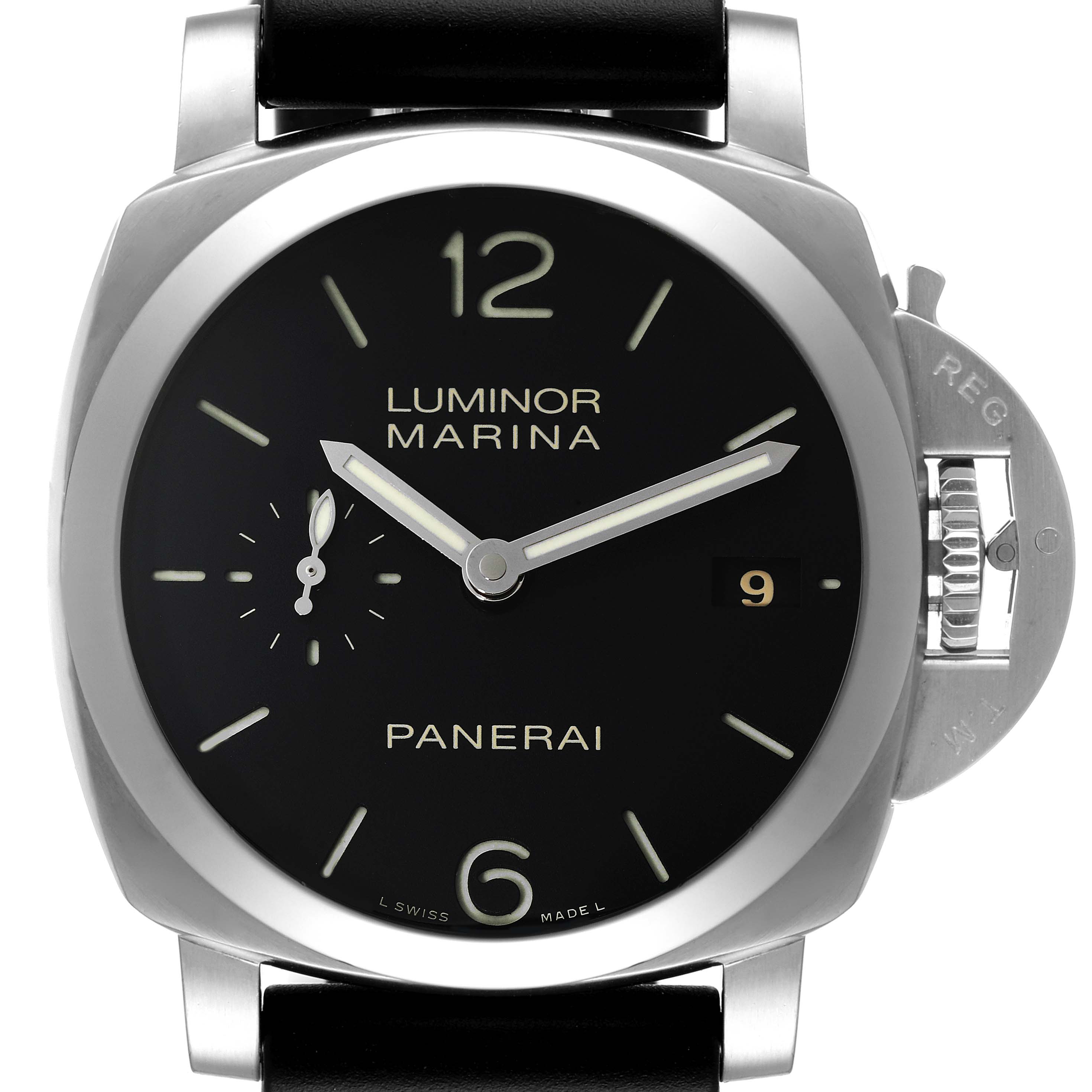 The image shows a front view of a Panerai Luminor PAM00392 Men's Stainless Steel Black Dial PAM00392 Men's Stainless Steel Black Dial Marina watch, highlighting its black dial, crown guard, and leather strap.