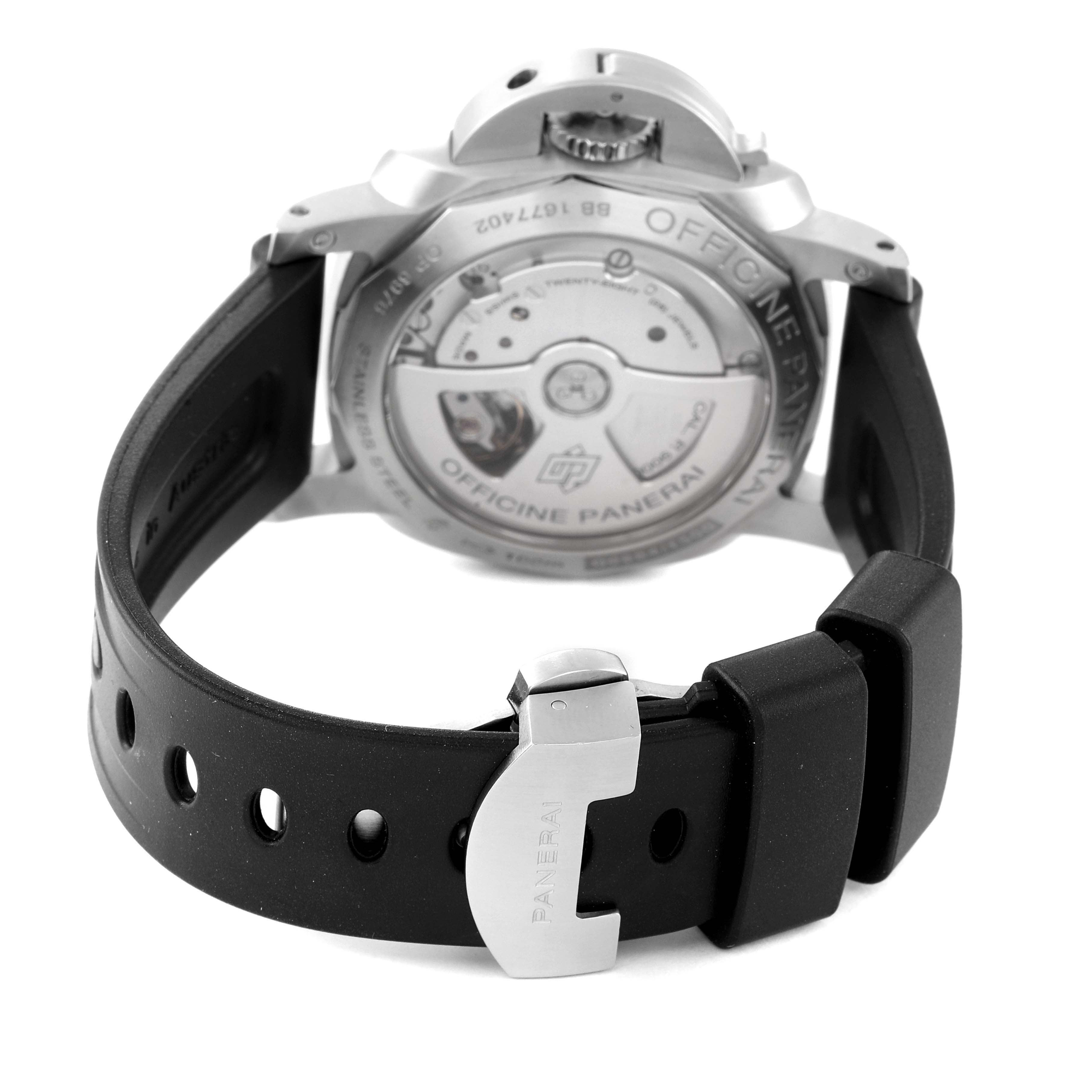 The image shows the back case and strap of the Panerai Luminor PAM00392 Men's Stainless Steel Black Dial PAM00392 Men's Stainless Steel Black Dial watch, highlighting the movement and buckle.