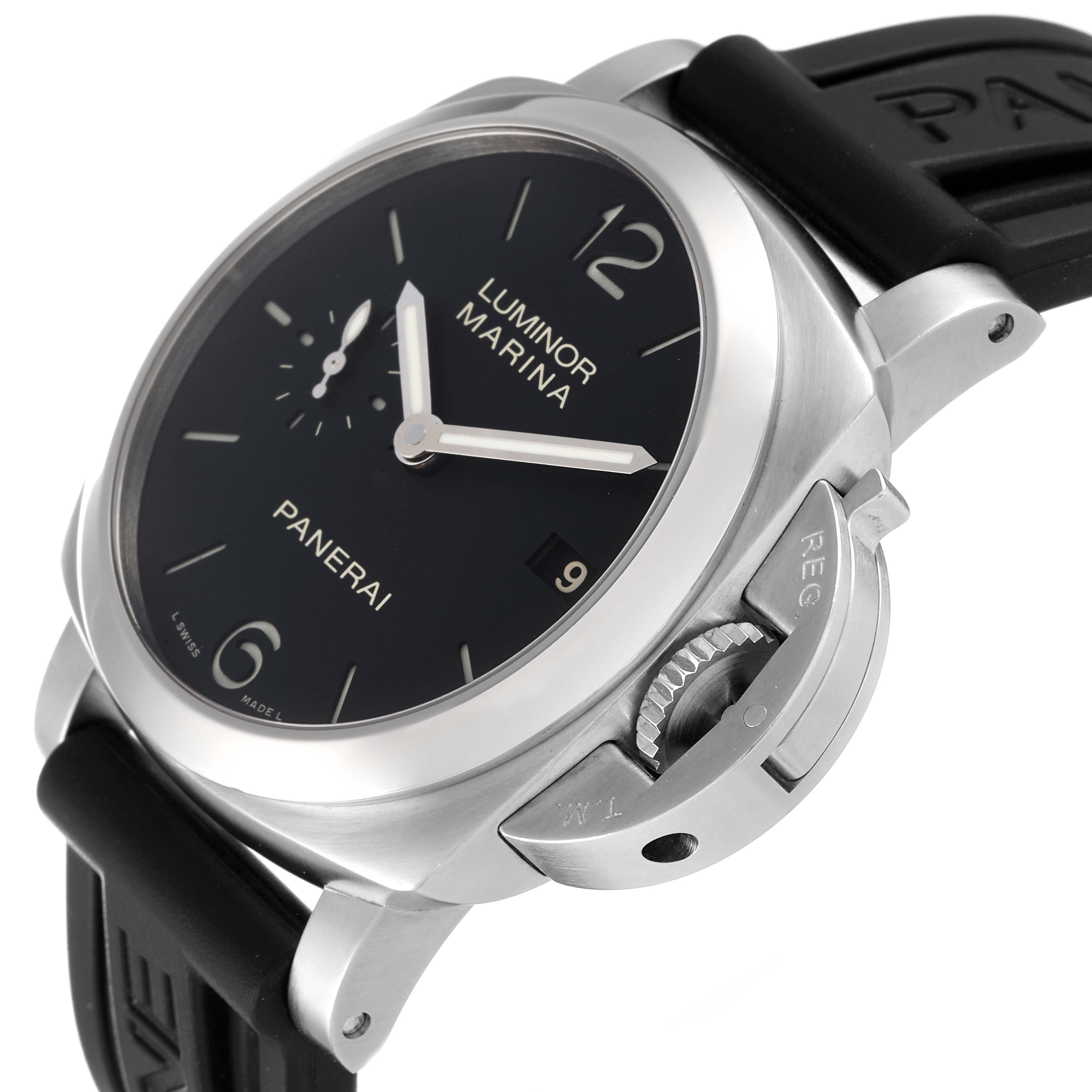 This image shows a side angle of the Panerai Luminor PAM00392 Men's Stainless Steel Black Dial PAM00392 Men's Stainless Steel Black Dial watch, displaying the dial, crown guard, and rubber strap.