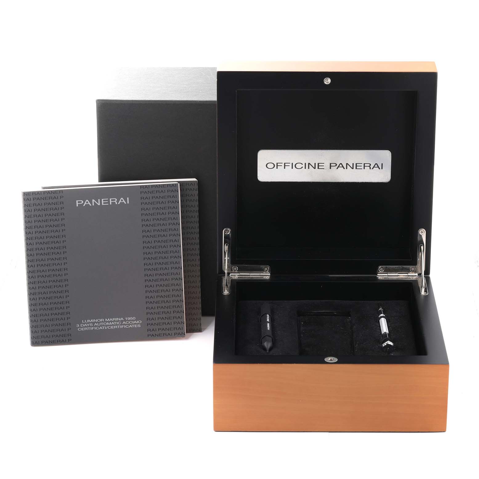 The image shows the open packaging, manual, and tools for the Panerai Luminor PAM00392 Men's Stainless Steel Black Dial PAM00392 Men's Stainless Steel Black Dial model watch from a front angle.