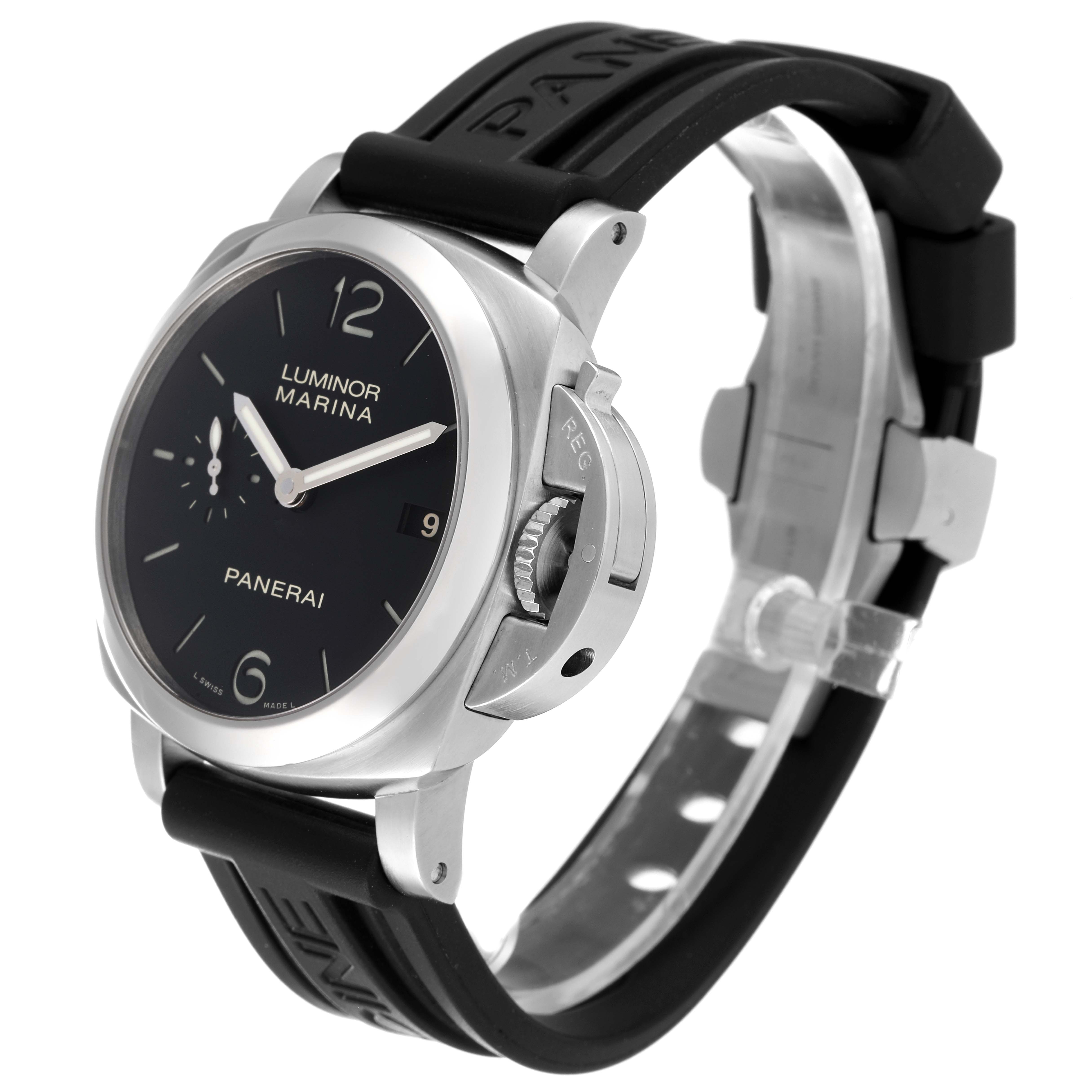 This image shows the Panerai Luminor PAM00392 Men's Stainless Steel Black Dial PAM00392 Men's Stainless Steel Black Dial model at an angled front view, highlighting the watch face, crown guard, and strap.