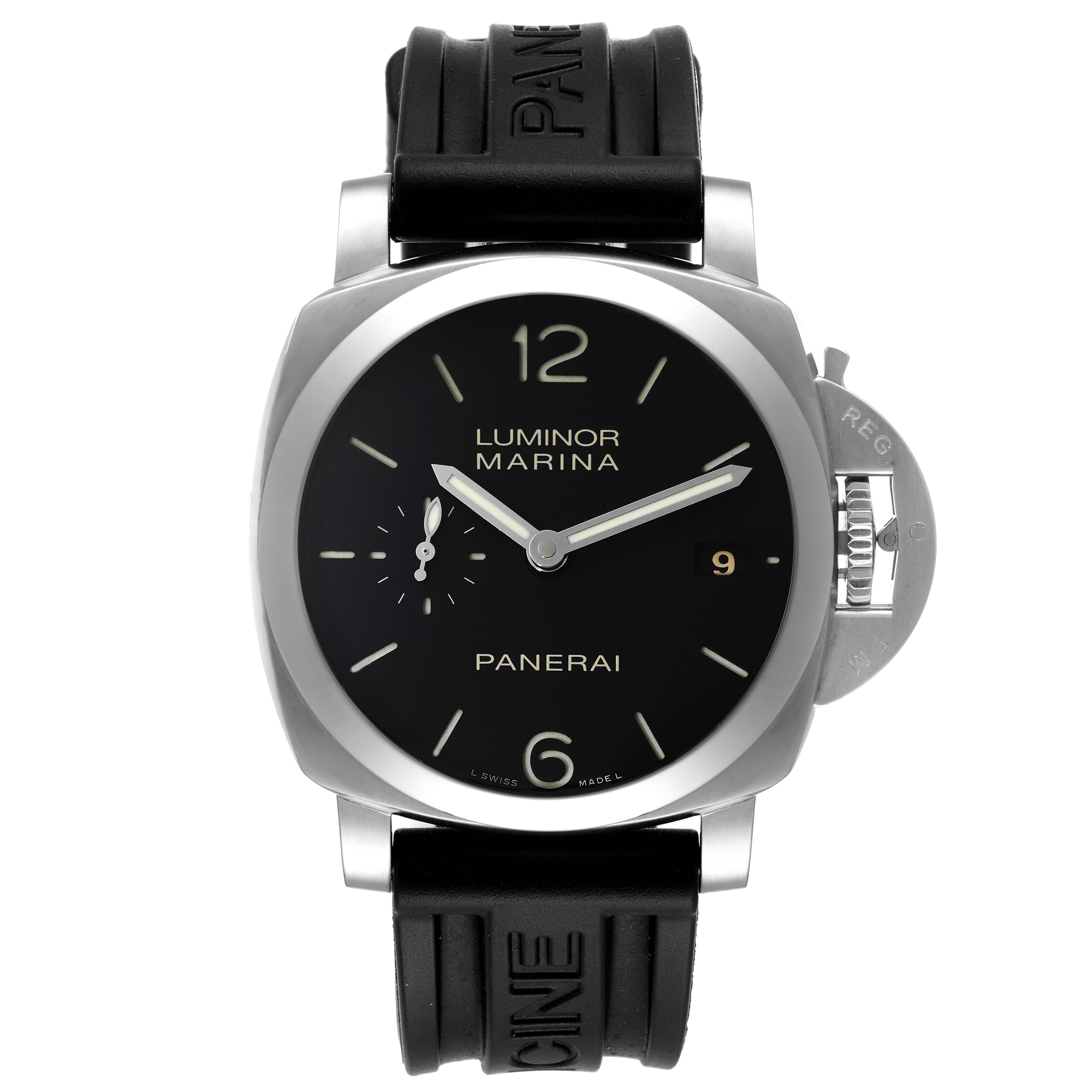 The image shows a front view of a Panerai Luminor PAM00392 Men's Stainless Steel Black Dial PAM00392 Men's Stainless Steel Black Dial Marina watch, displaying the dial, case, and strap.