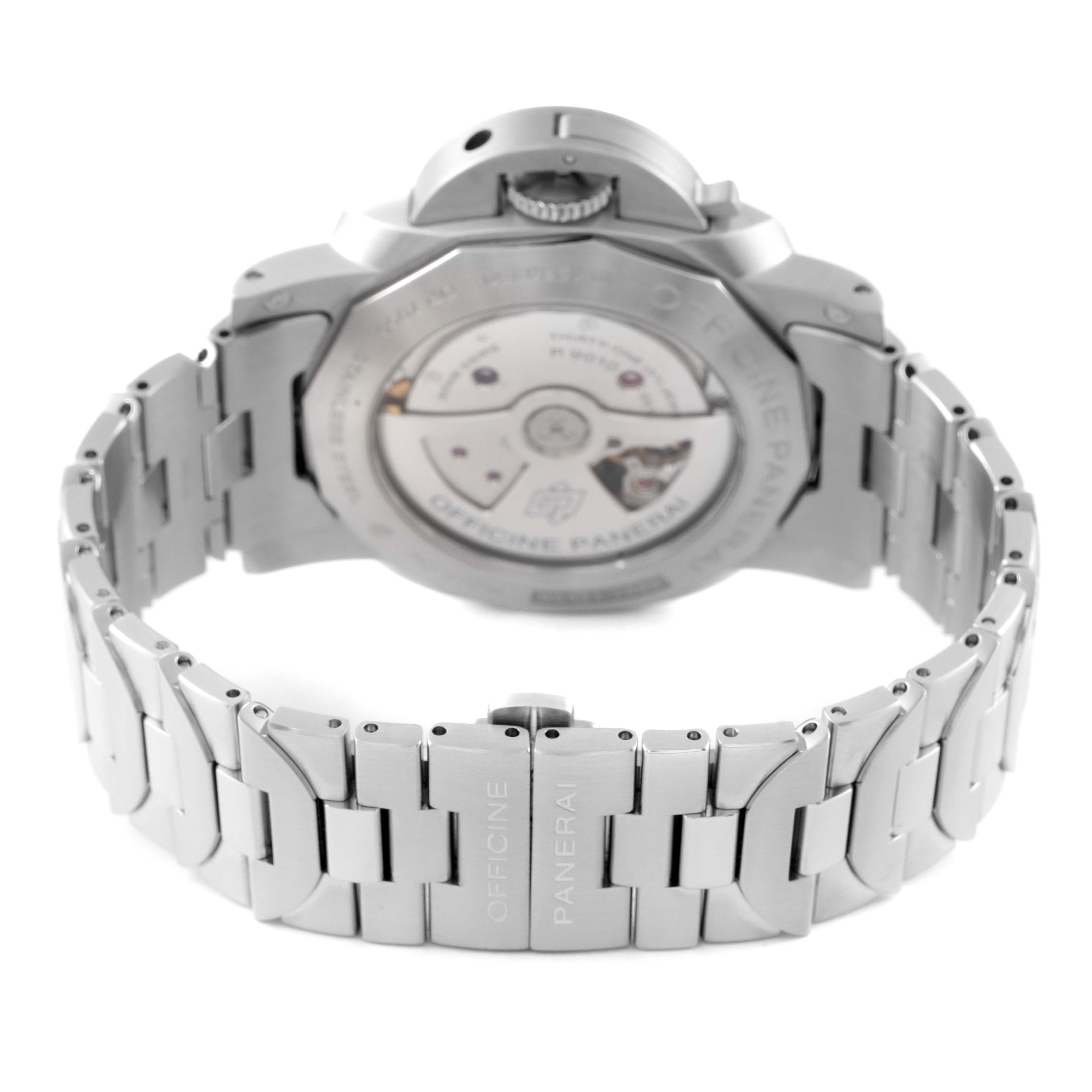 The image shows the back casing and metal bracelet of a Panerai Luminor PAM00723 Men
s Stainless Steel Black Dial PAM00723 Men
s Stainless Steel Black Dial watch from a rear angle.