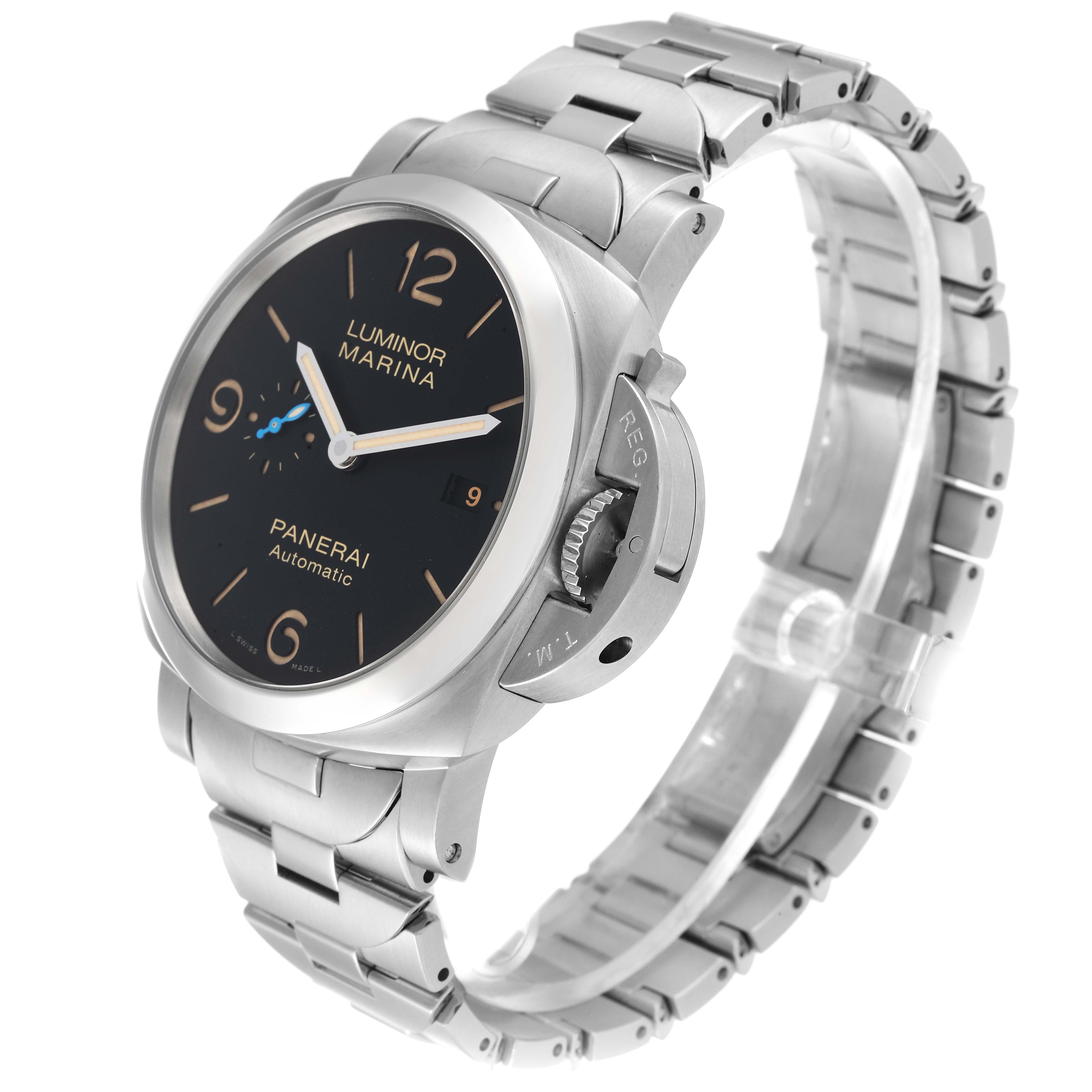 The image shows a Panerai Luminor PAM00723 Men
s Stainless Steel Black Dial PAM00723 Men
s Stainless Steel Black Dial Marina watch from a three-quarter angle, highlighting its bracelet, dial, and crown guard.