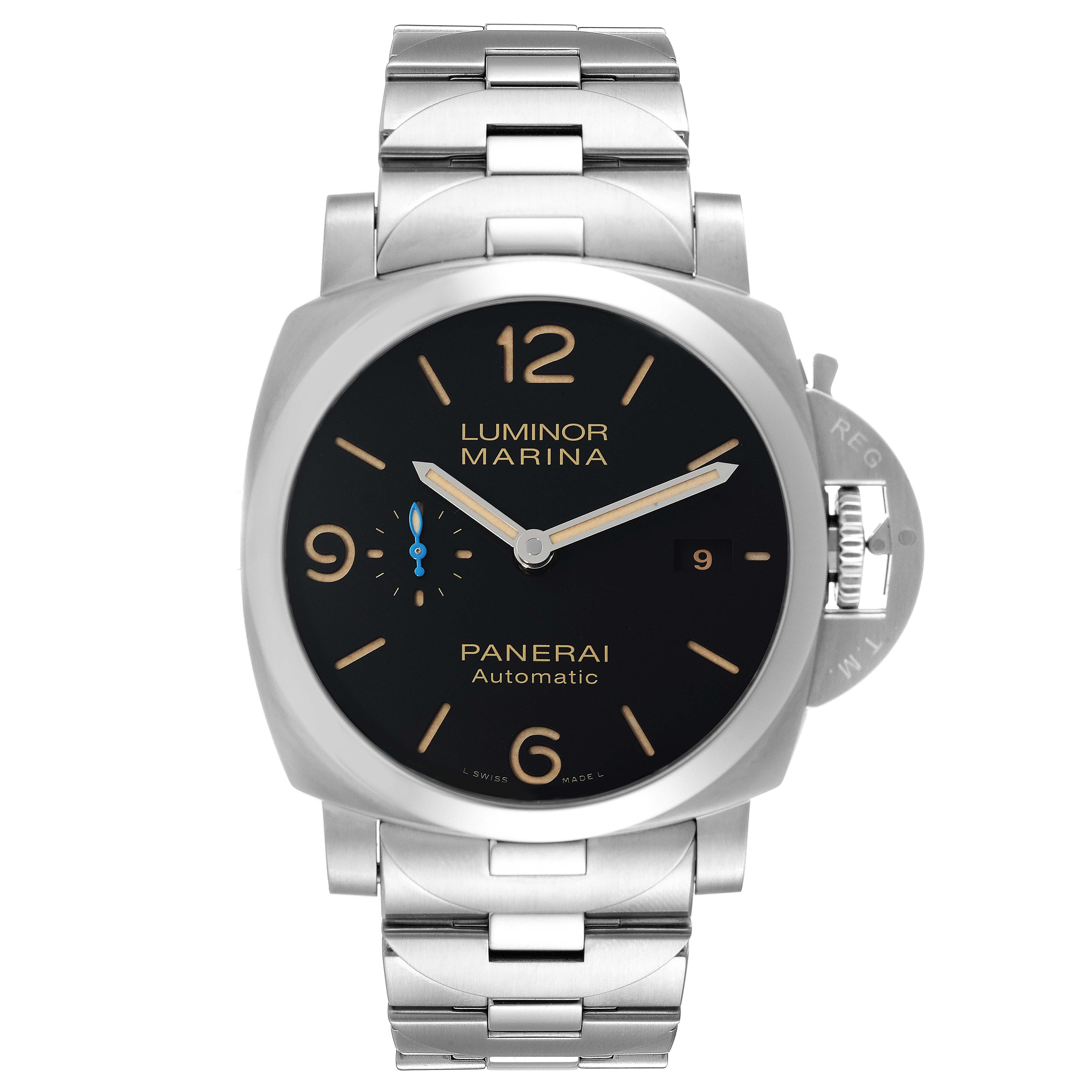 This image shows a front angle of the Panerai Luminor PAM00723 Men
s Stainless Steel Black Dial PAM00723 Men
s Stainless Steel Black Dial watch, highlighting the dial, hands, bracelet, and crown guard.