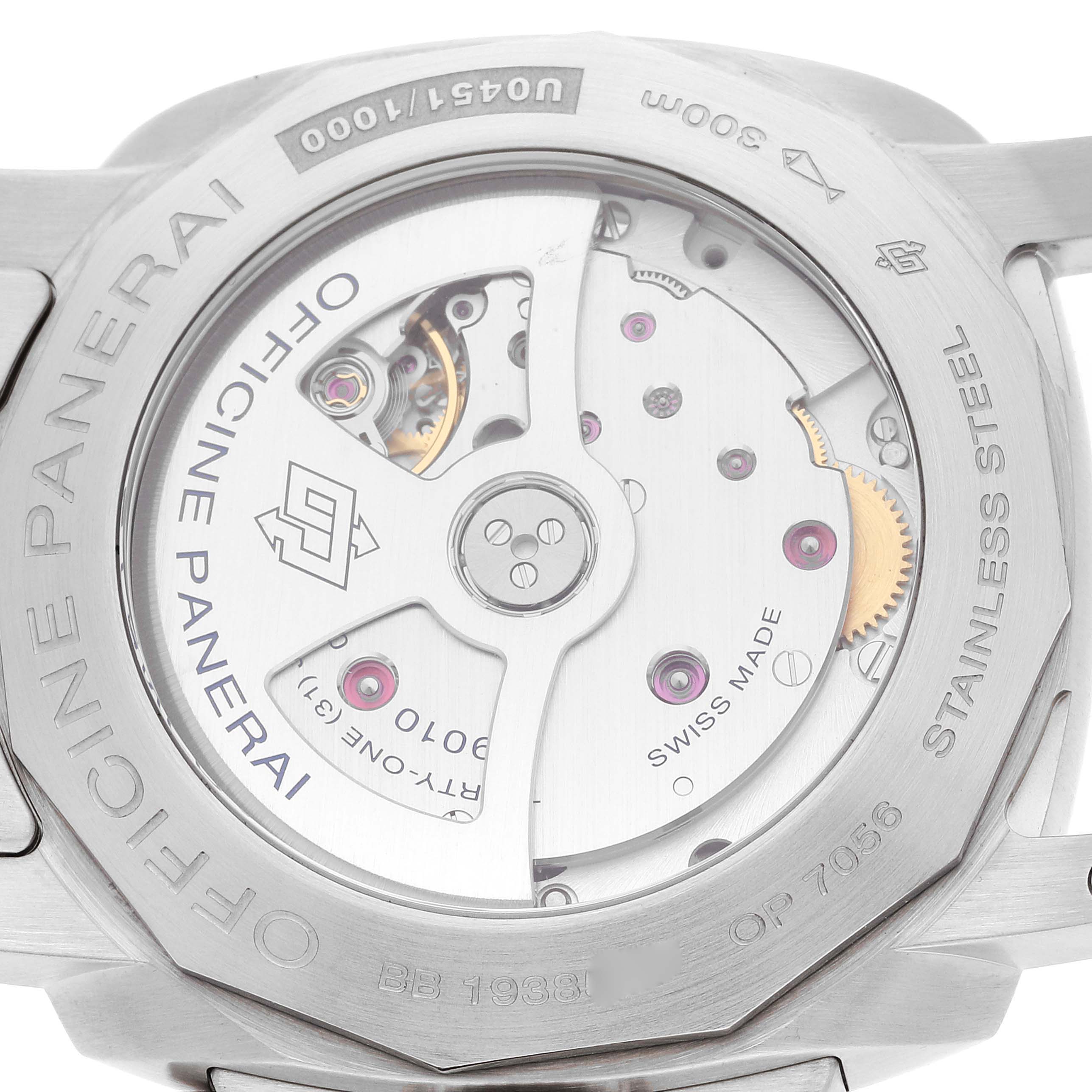 This is a close-up view of the movement and case back of a Panerai Luminor PAM00723 Men
s Stainless Steel Black Dial PAM00723 Men
s Stainless Steel Black Dial watch, showing the inner mechanical components.