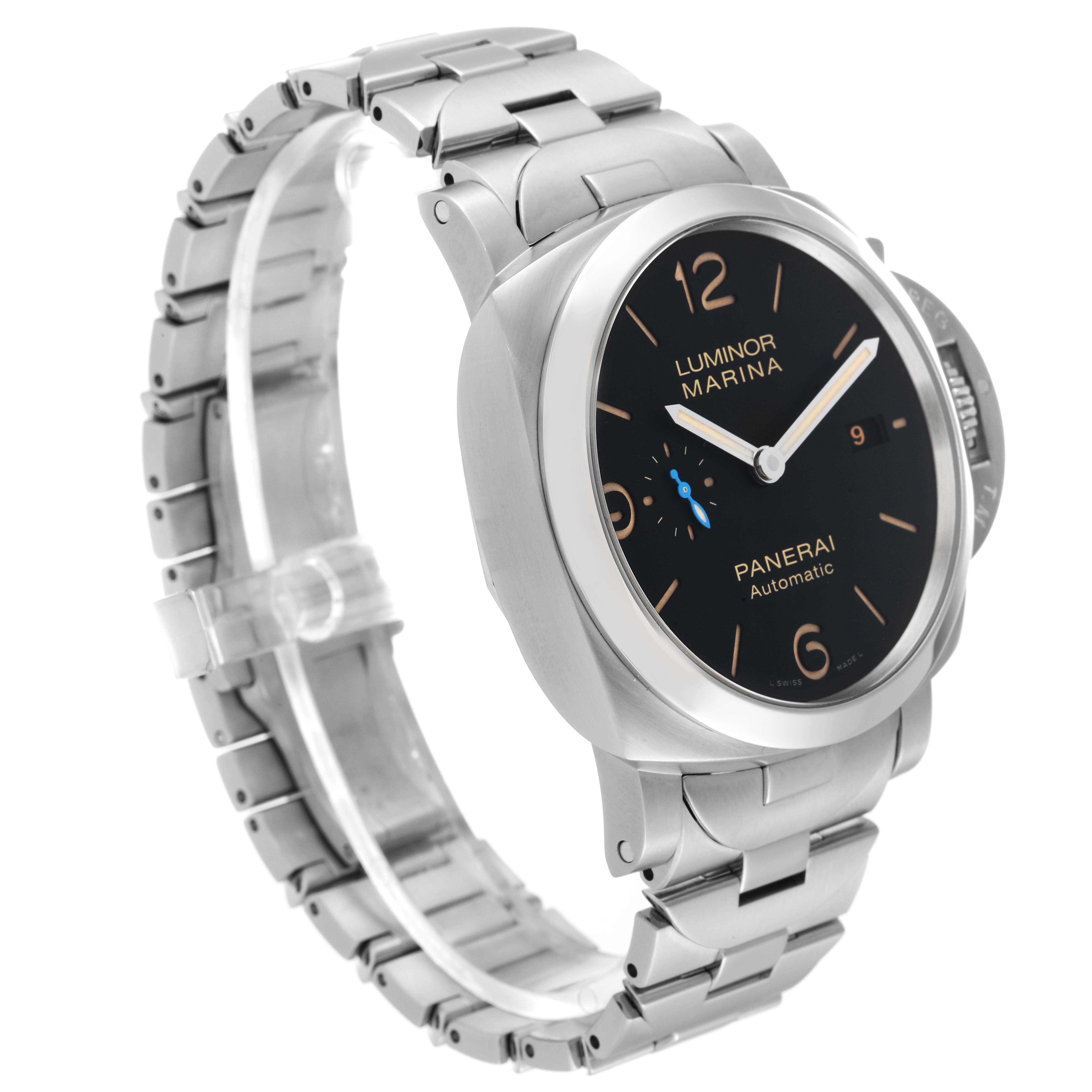 This image shows the Panerai Luminor PAM00723 Men
s Stainless Steel Black Dial PAM00723 Men
s Stainless Steel Black Dial model watch from a slightly angled side view, highlighting the dial, case, and metal bracelet.