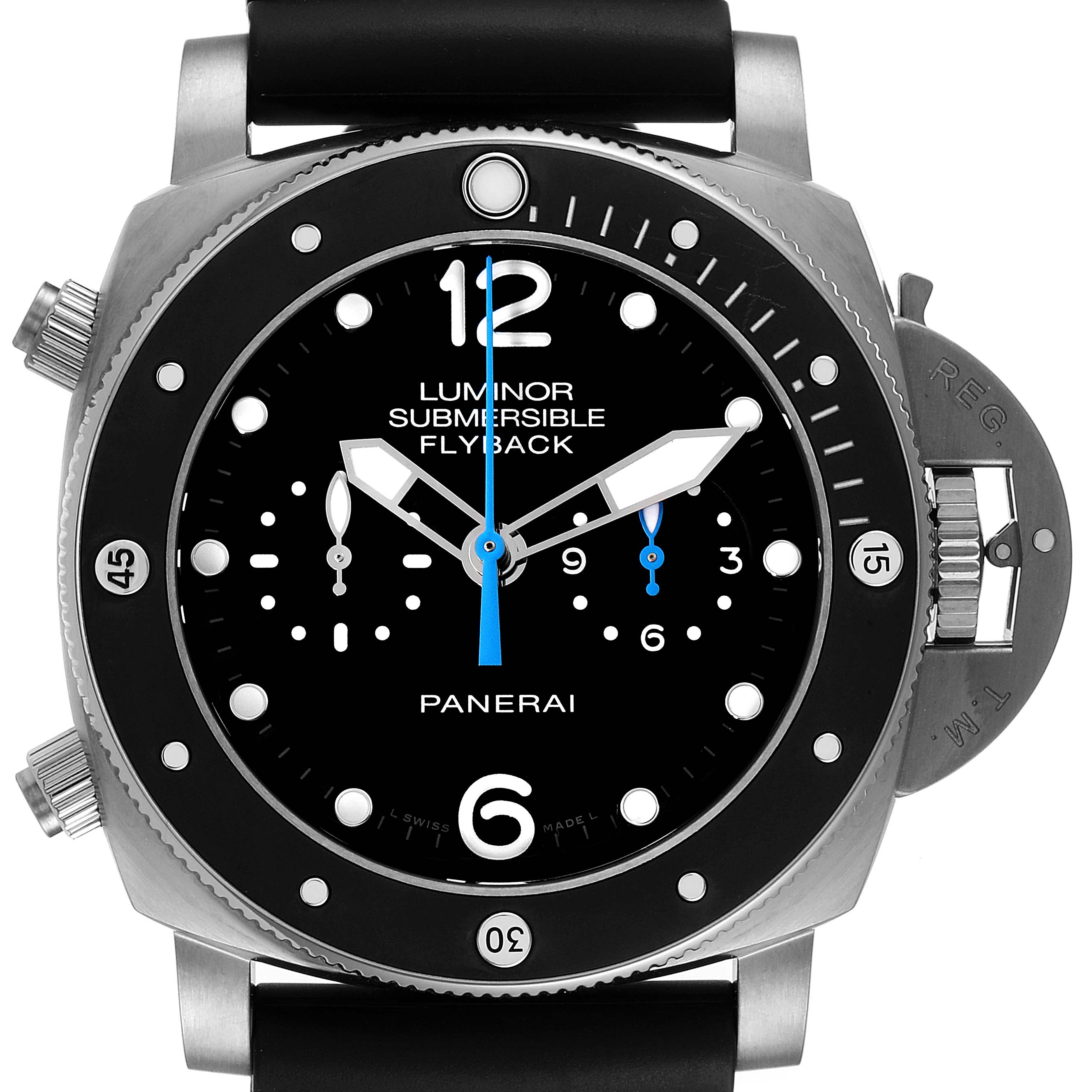 The image shows a frontal view of the Panerai Submersible PAM00615 Men's Titanium Black Dial PAM00615 Men's Titanium Black Dial model, highlighting the bezel, crown guard, and dial details.