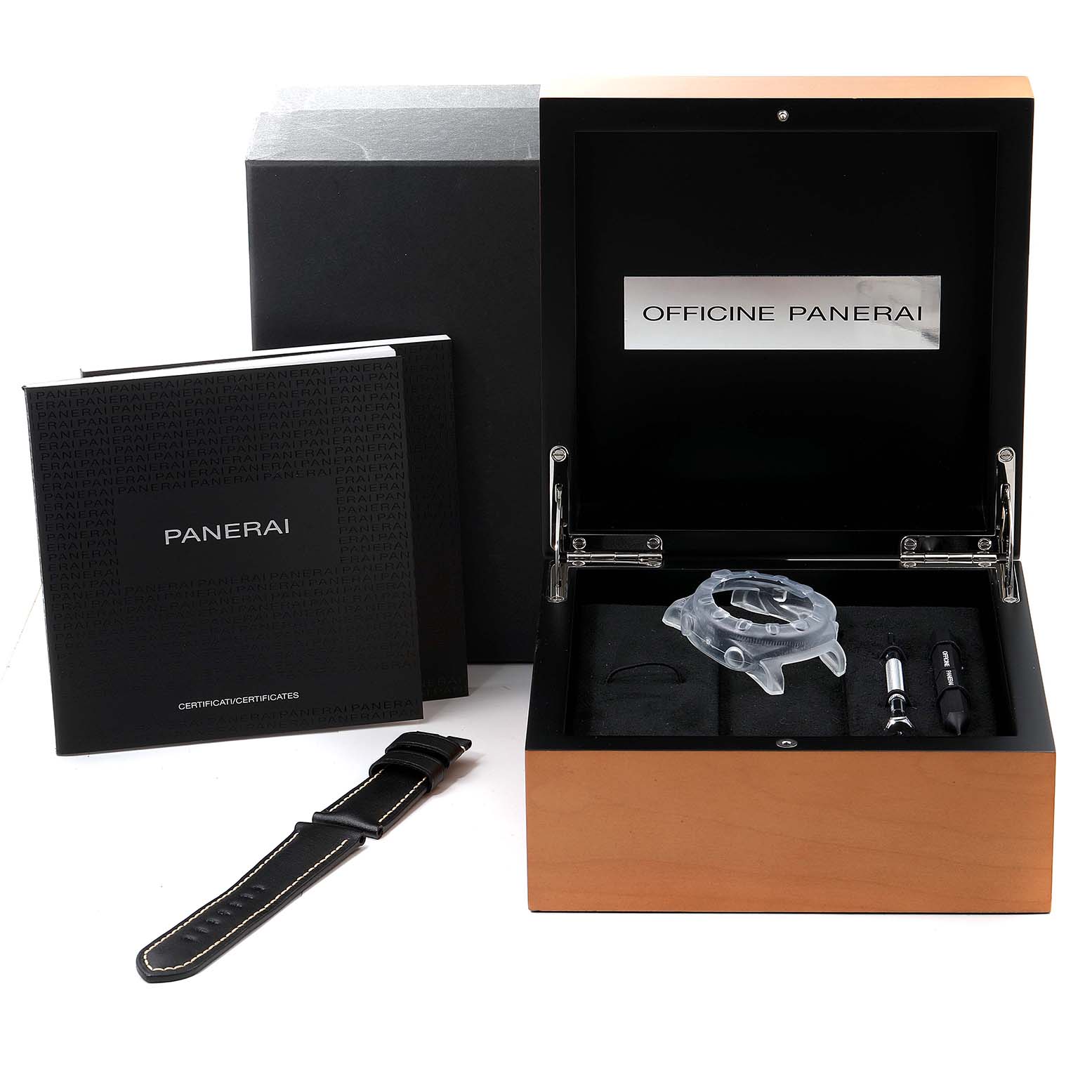 The image shows the Panerai Submersible PAM00615 Men's Titanium Black Dial PAM00615 Men's Titanium Black Dial watch box, extra strap, toolkit, and documentation from a front angle.