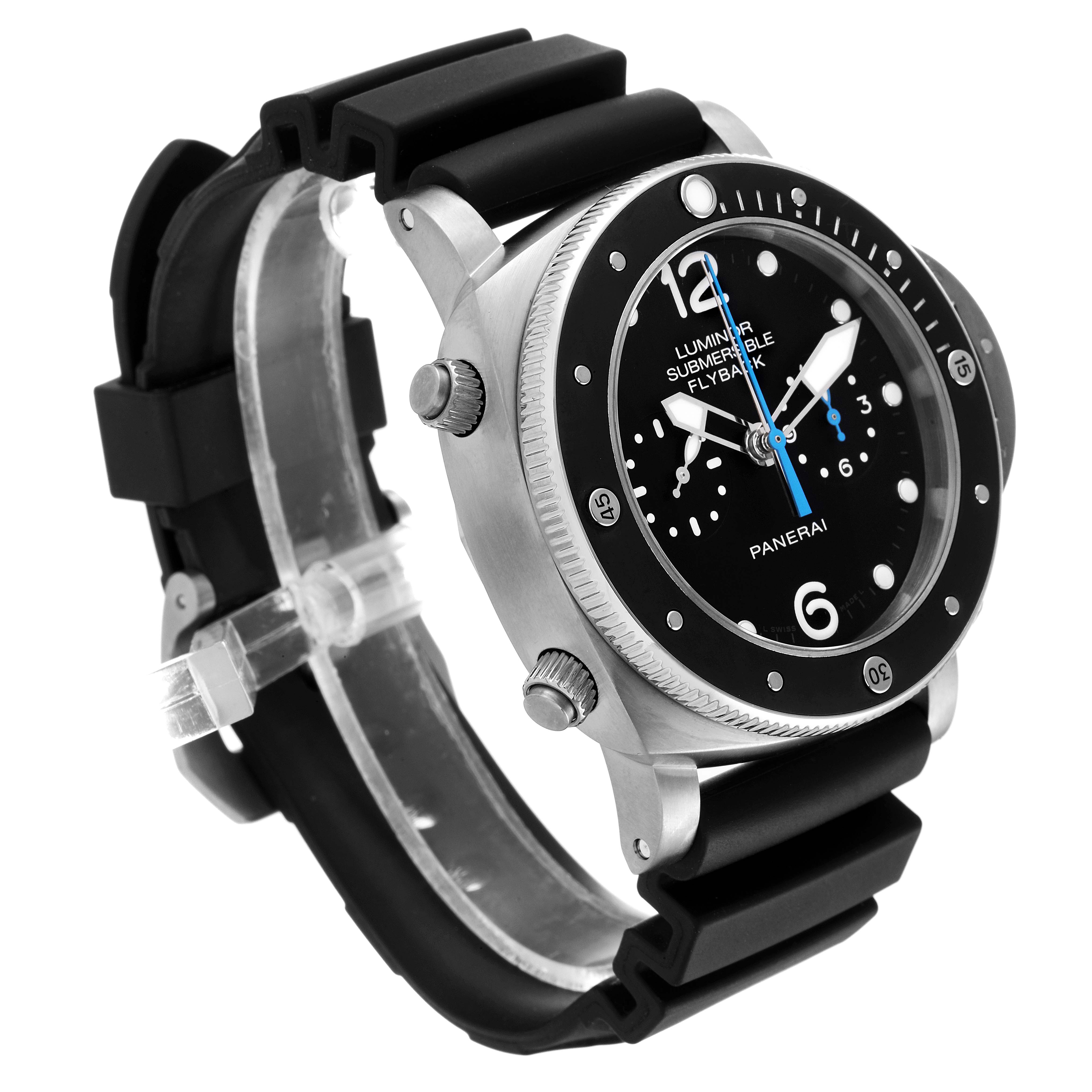 The image shows a side view of the Panerai Submersible PAM00615 Men's Titanium Black Dial PAM00615 Men's Titanium Black Dial watch, highlighting its black bezel, dial, and rubber strap.