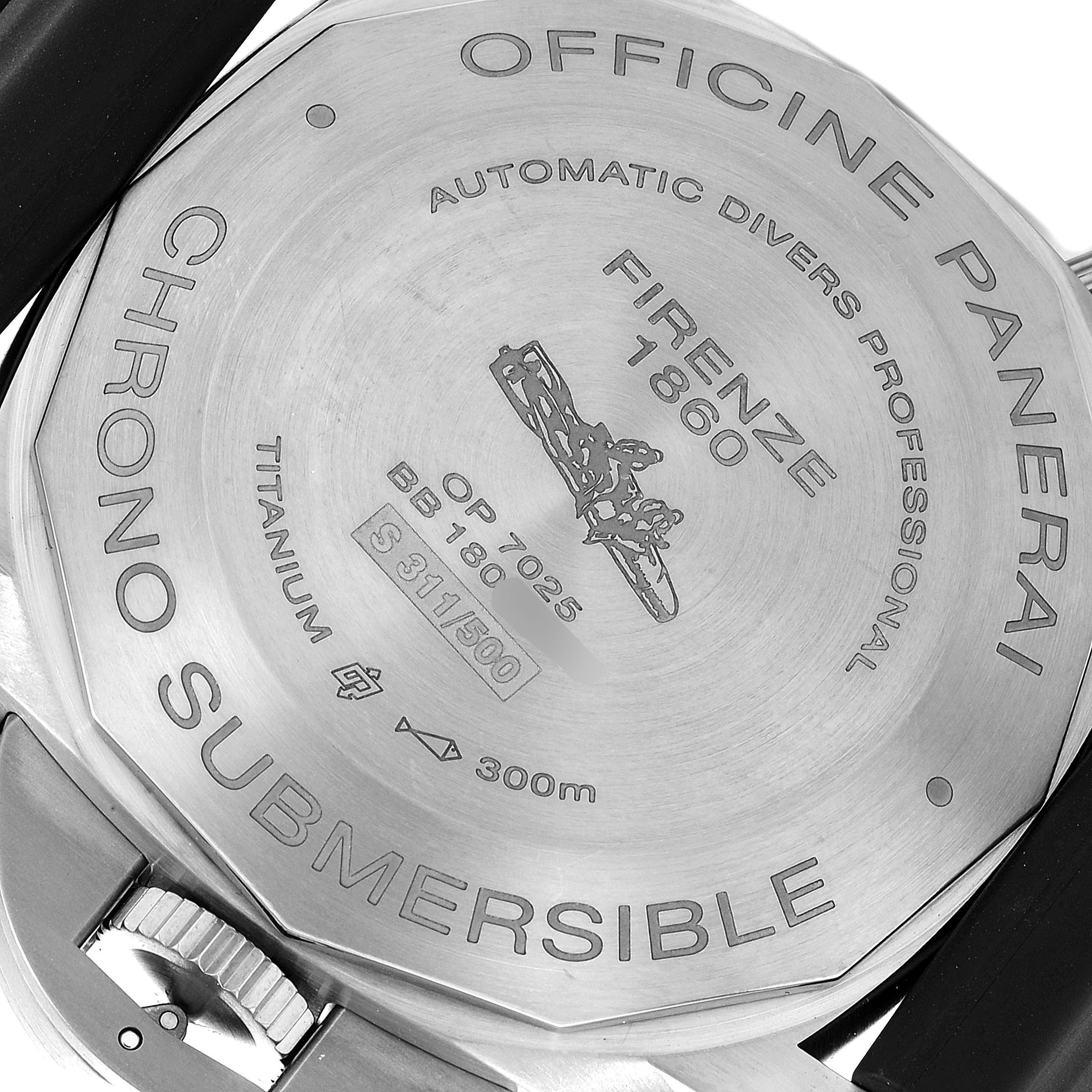 The image shows the engraved back case of a Panerai Submersible PAM00615 Men's Titanium Black Dial PAM00615 Men's Titanium Black Dial watch, highlighting brand details and water resistance.